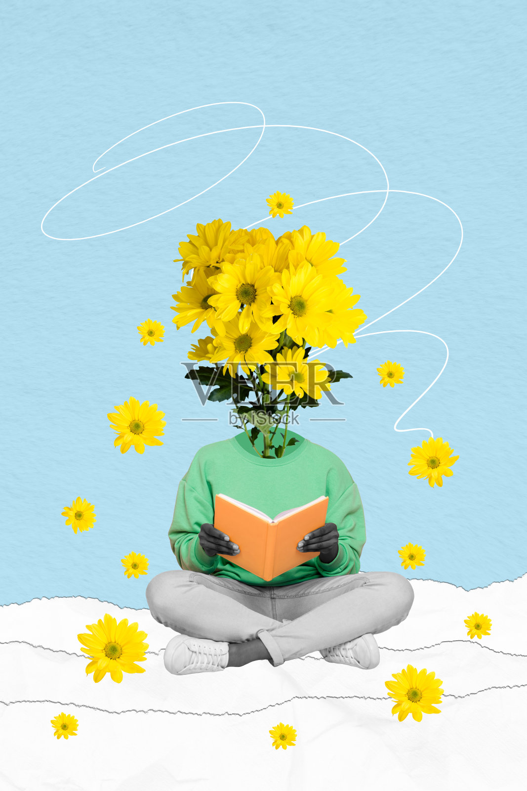 未知的隐秘人物坐在草地花园中阅读日记计划本，背景为孤立的绘画。照片摄影图片