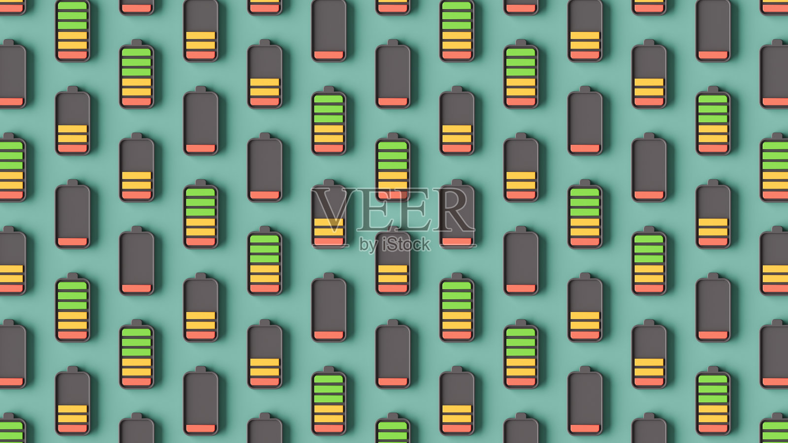 不同电量水平的电池，绿色科技与可持续发展概念照片摄影图片
