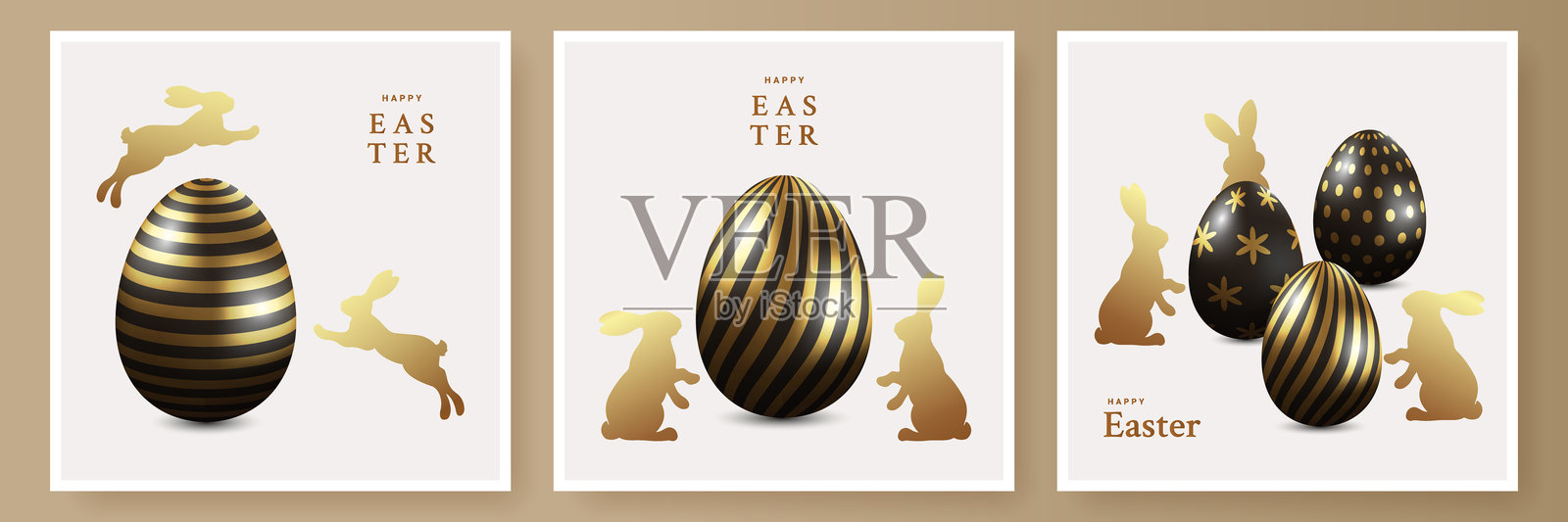 快乐复活节贺卡、横幅、封面、海报或传单套装。时尚现代设计，包含3D真实感的黑色和金色彩蛋，以及兔子，适用于社交媒体、促销、广告和网站。插画图片素材