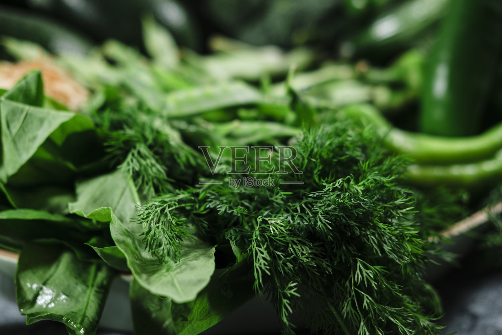 新鲜干净的农贸市场绿色蔬菜堆，重点突出莳萝照片摄影图片