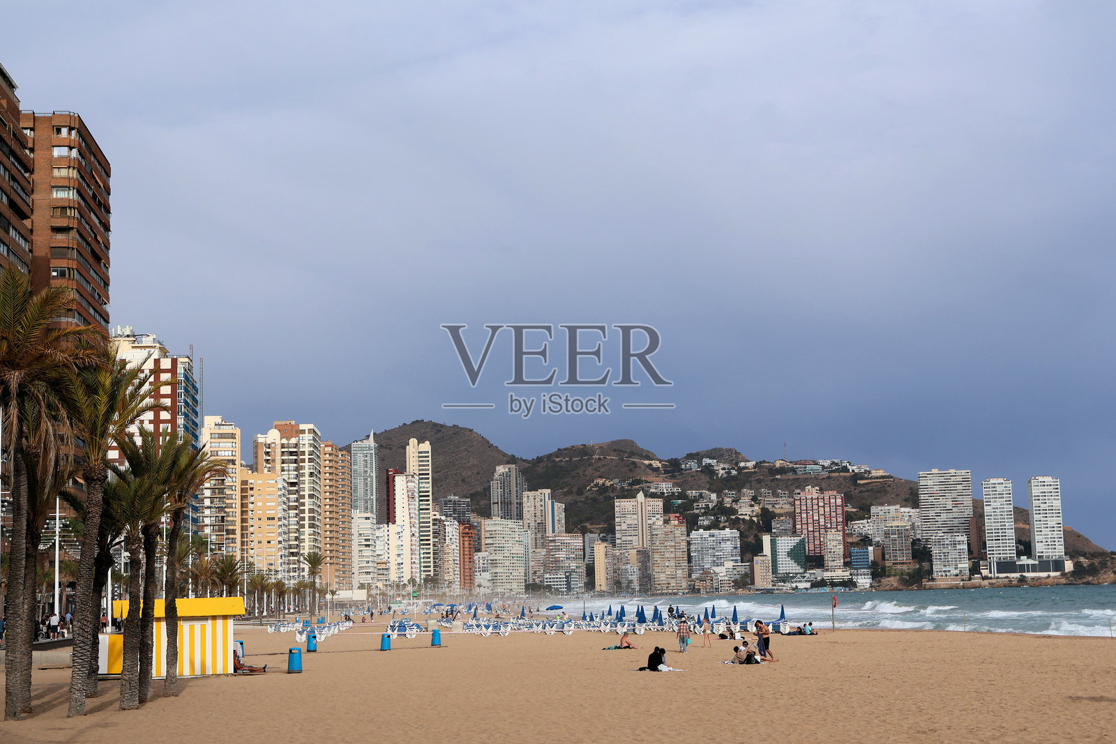 充满活力的海滩场景，城市天际线和棕榈树尽收眼底照片摄影图片