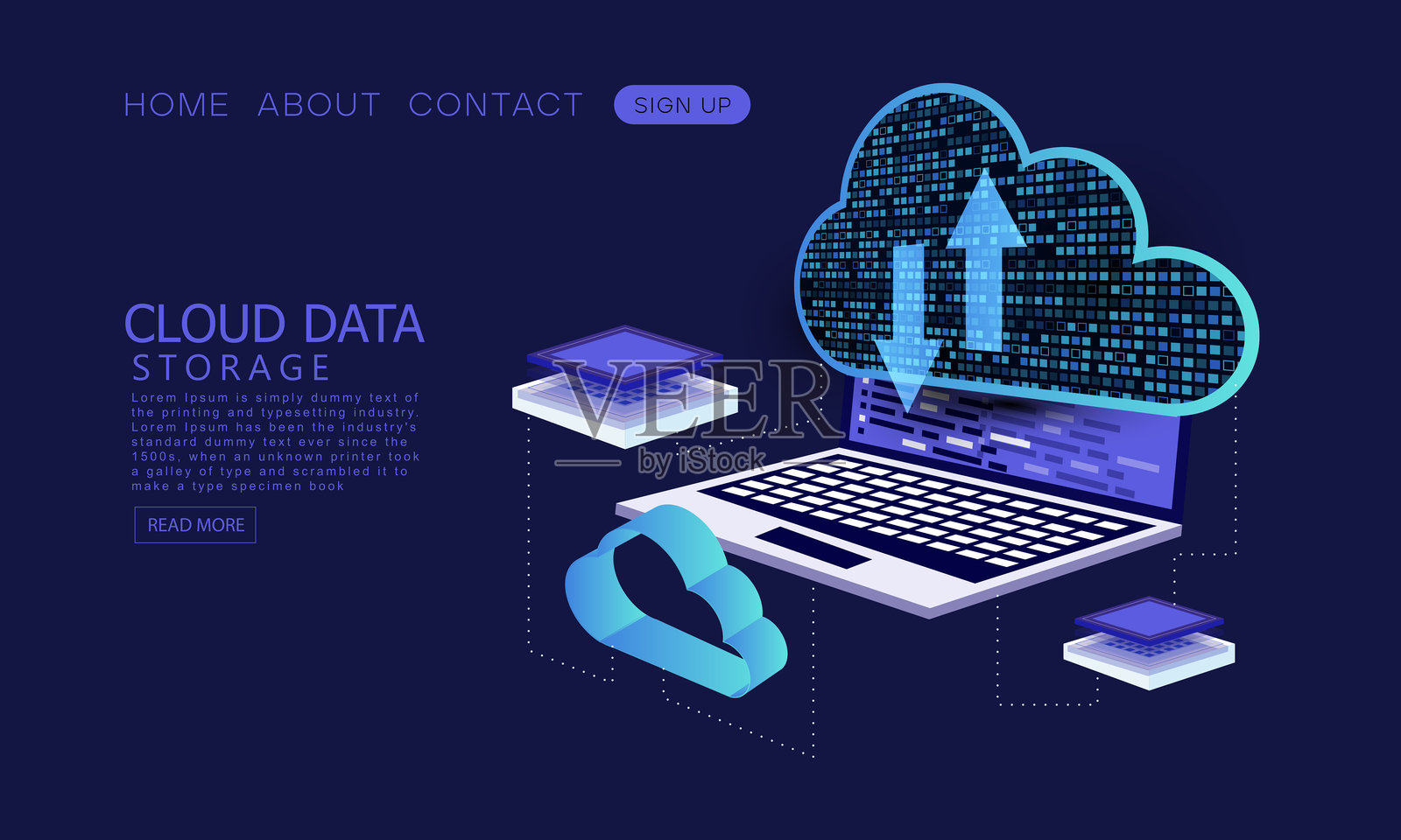 云数据存储等距着陆页概念，上传文件到云服务器以便远程访问的概念插画图片素材