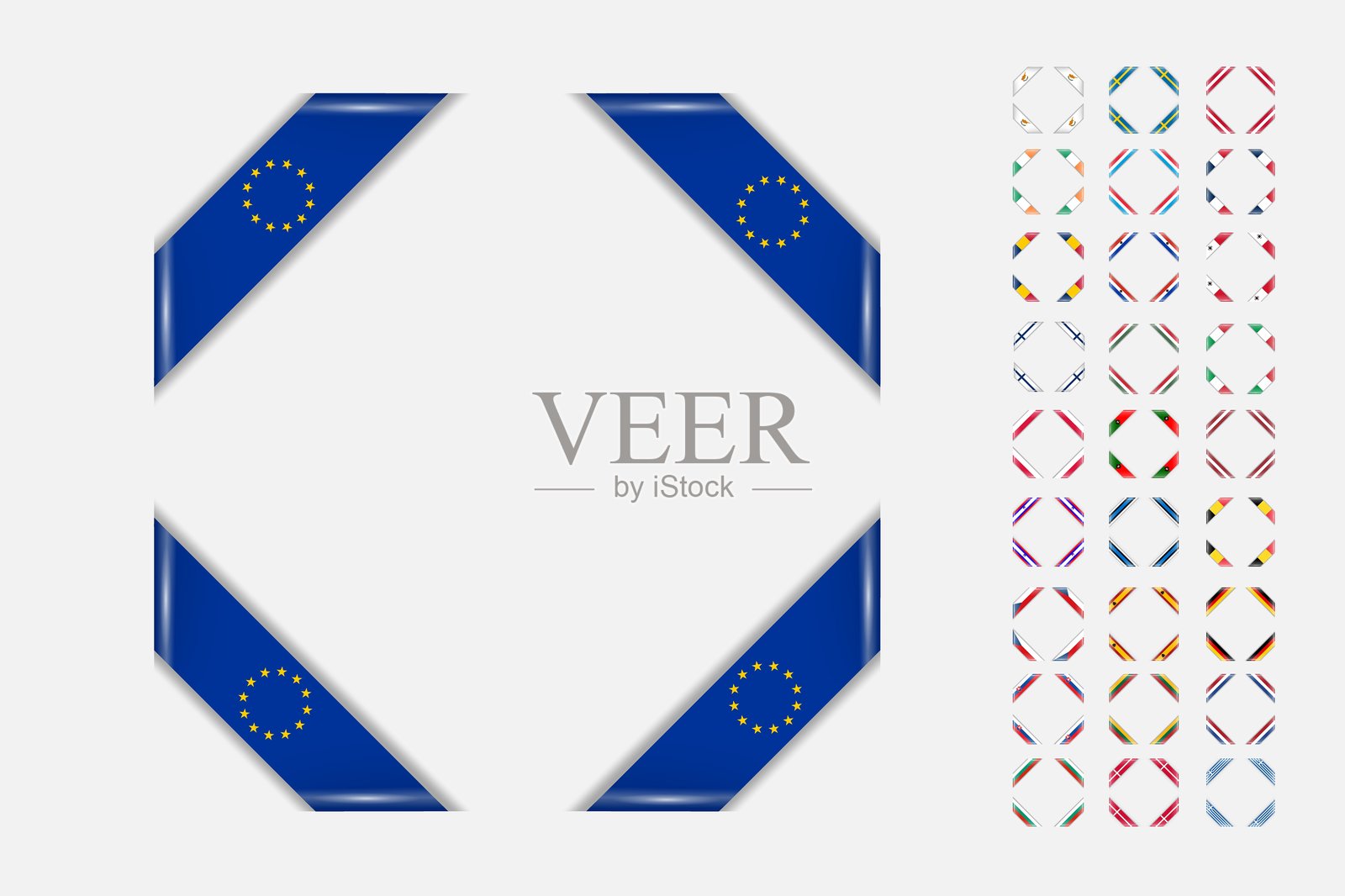 代表欧洲联盟的卷曲角旗帜集合插画图片素材