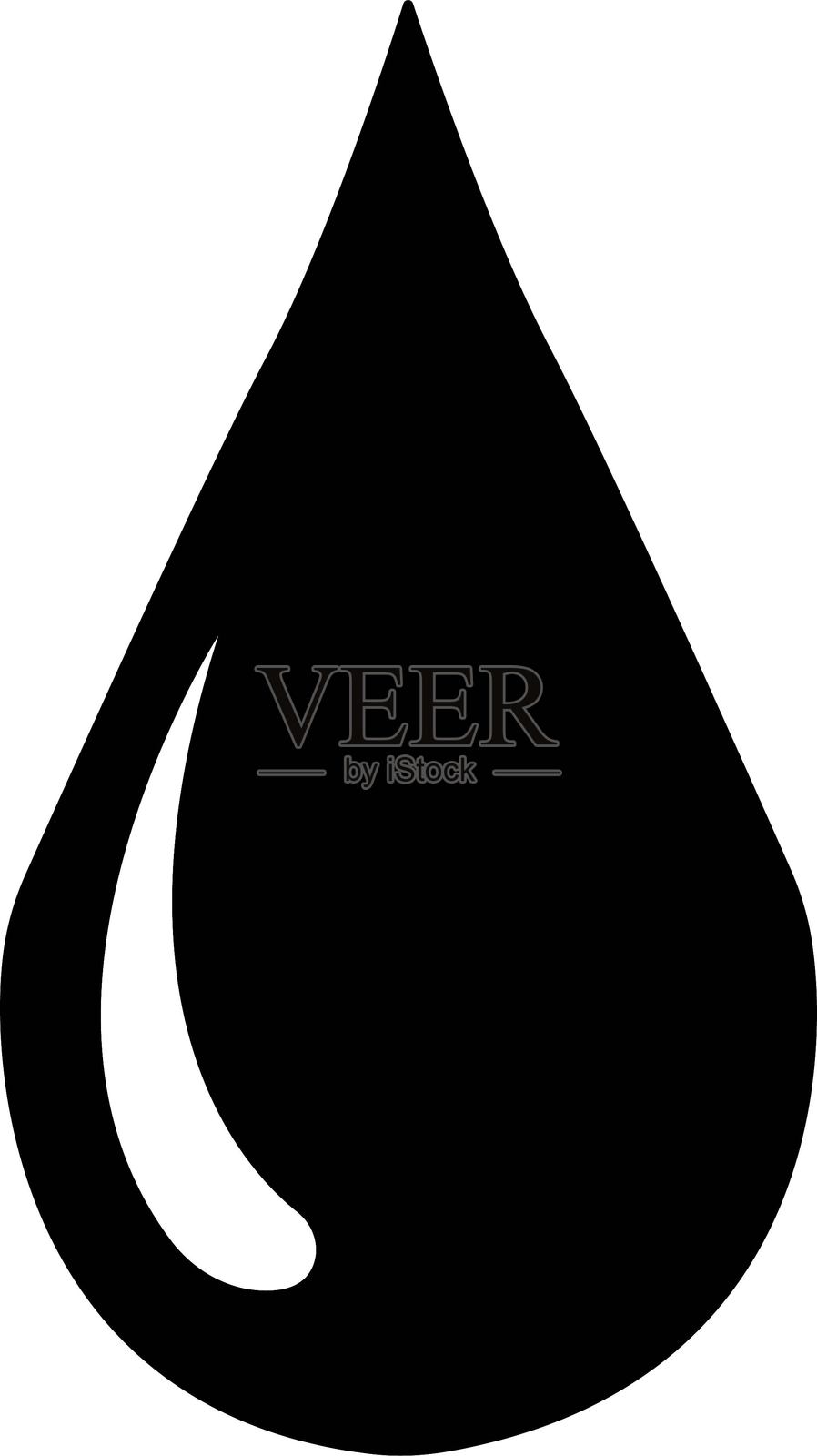 黑色水滴形状图标。水或雨滴形状图标。血滴或油滴。管道标志。扁平风格轮廓。光滑的水滴在白色背景上独立。插画图片素材