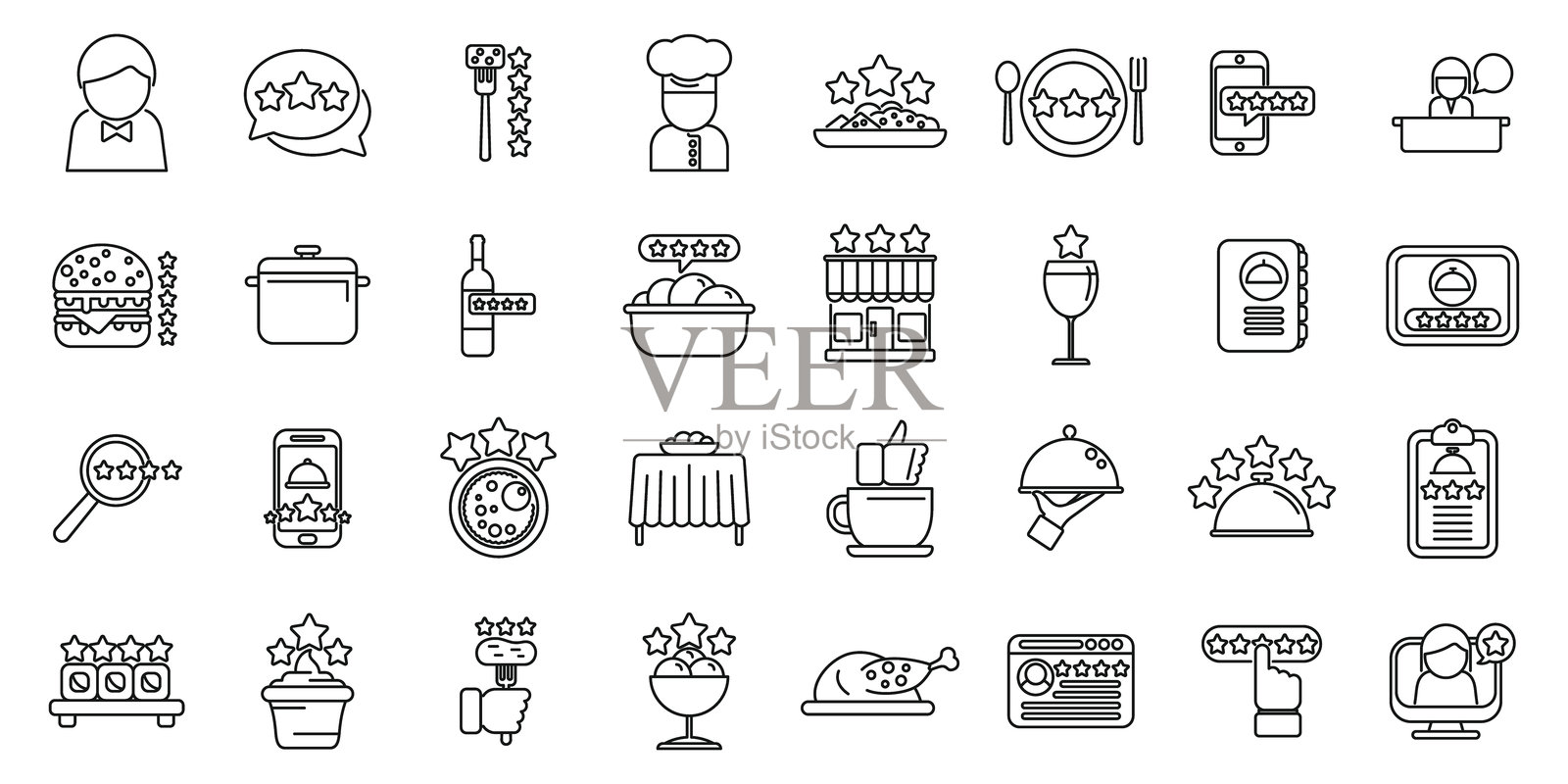 美食评论家图标集轮廓矢量图。美食社交评论插画图片素材