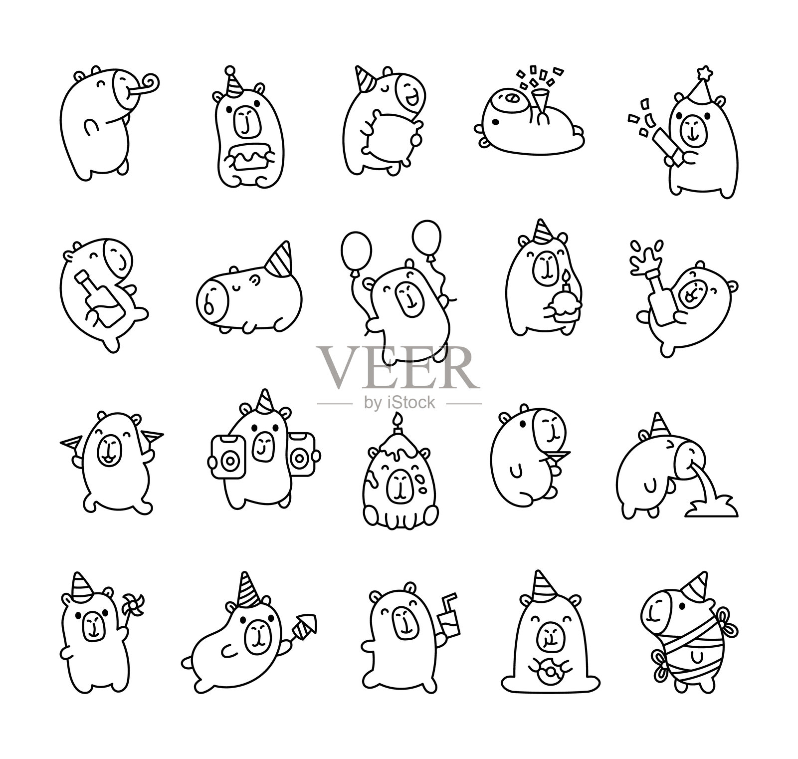 可爱的卡比巴拉派对套装，包含庆祝的卡通角色，气球、蛋糕、五彩纸屑、蜡烛、饮料、不同姿势和迷人的派对配件，适合您的设计项目。插画图片素材