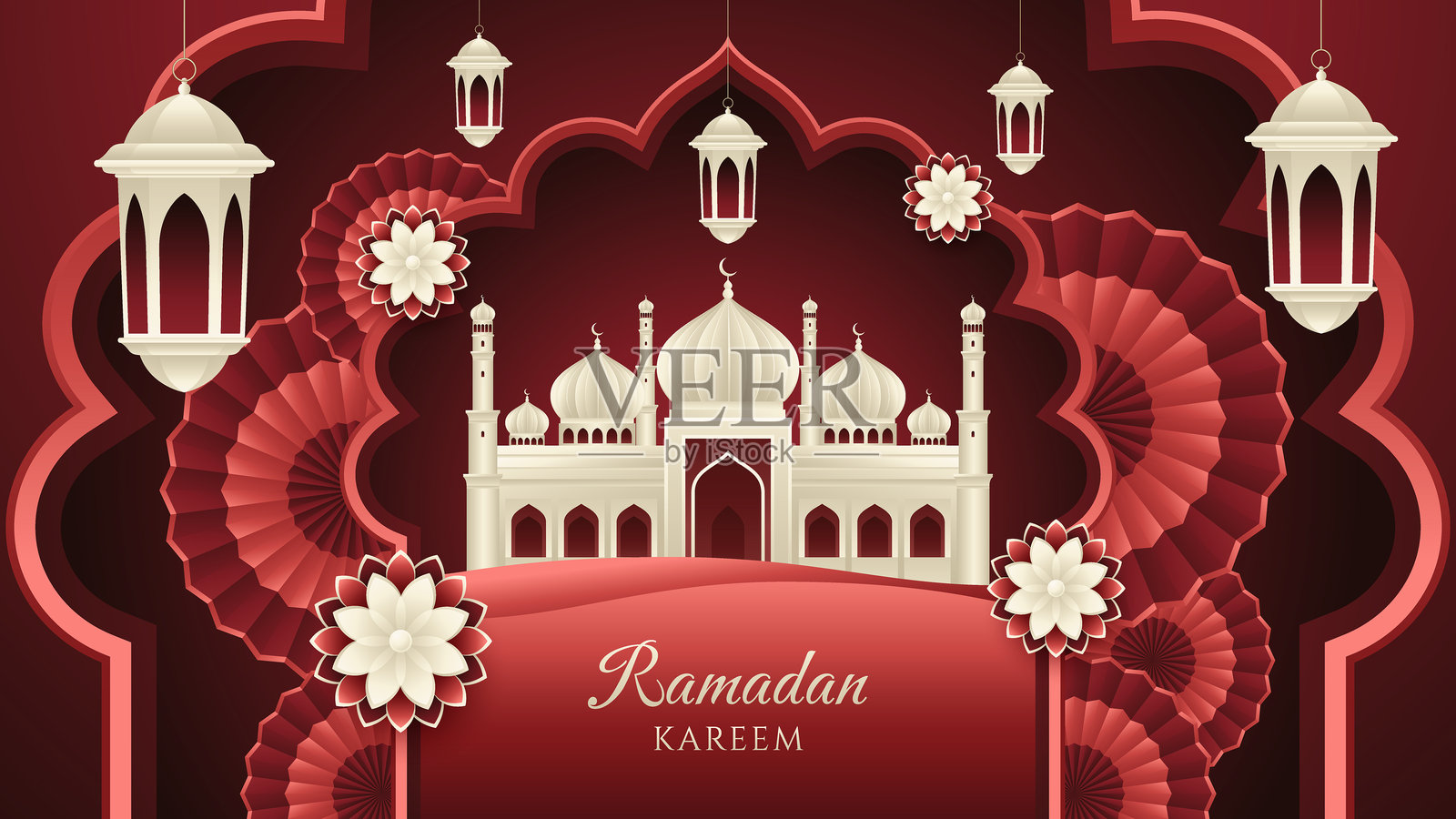 复杂的纸雕拉马丹设计，带有新月和装饰细节插画图片素材