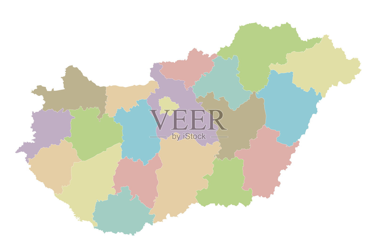 匈牙利的区域空白地图，包含县或地区及行政区划。可编辑且标注清晰的图层。插画图片素材