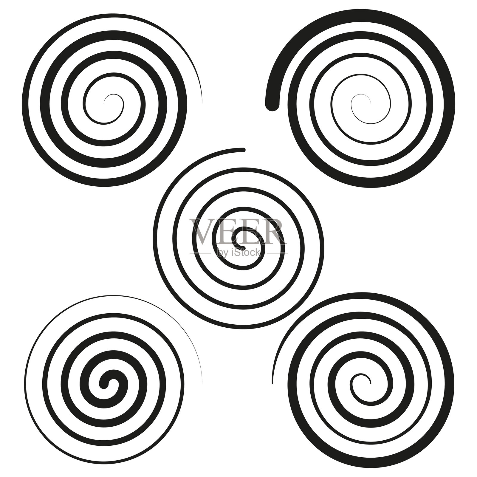 螺旋矢量设计。装饰性的黑色涡旋。极简抽象形状。单色艺术图案。插画图片素材