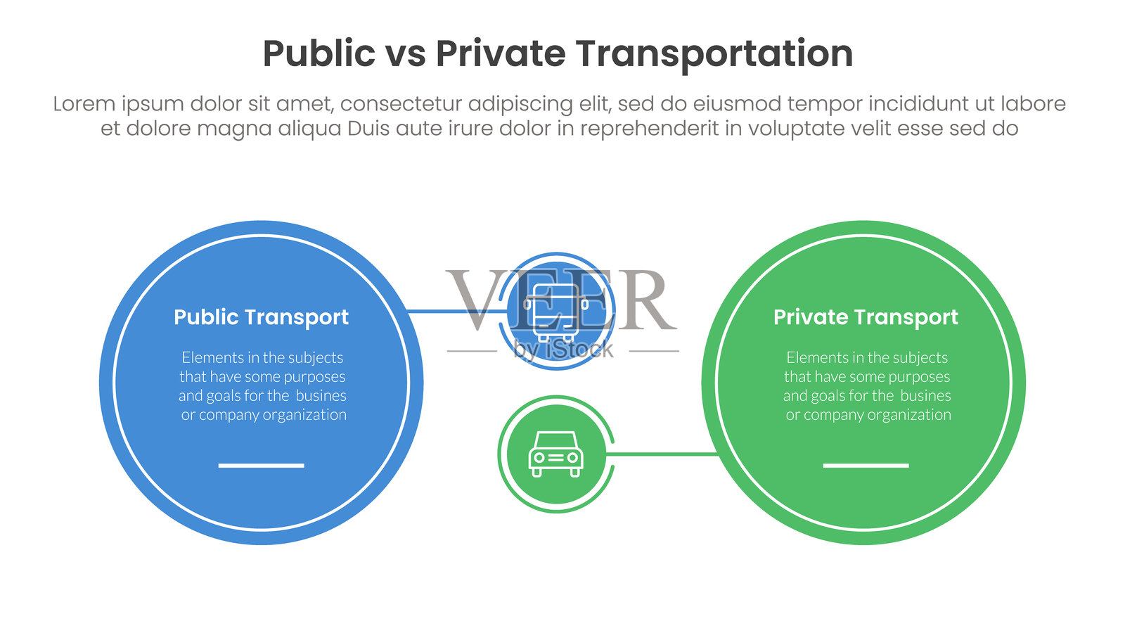 公共交通与个人车辆比较概念的信息图模板横幅，带有大圆圈和小圆圈，附有两点列表信息。插画图片素材