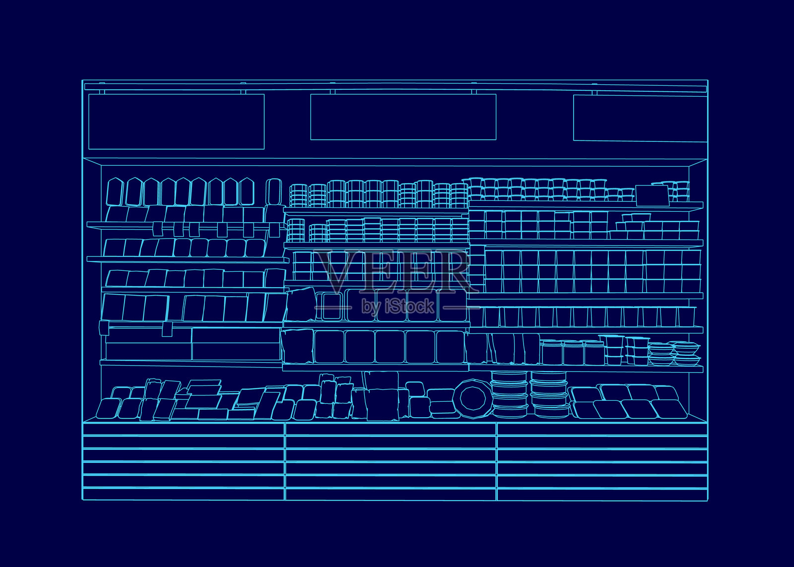蓝色背景下的杂货店绘画，店内陈列着各种商品，包括食品和日用品。插画图片素材