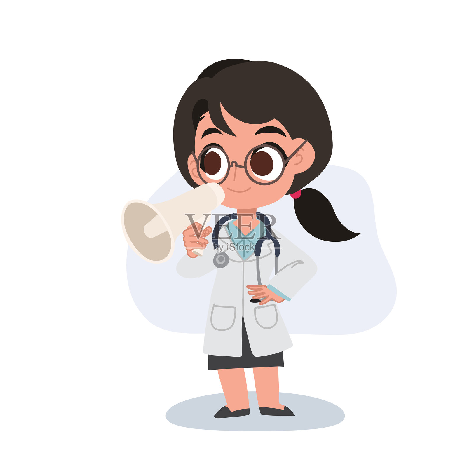 可爱的女性医生卡通形象，手持扩音器在医院内发布公告插画图片素材