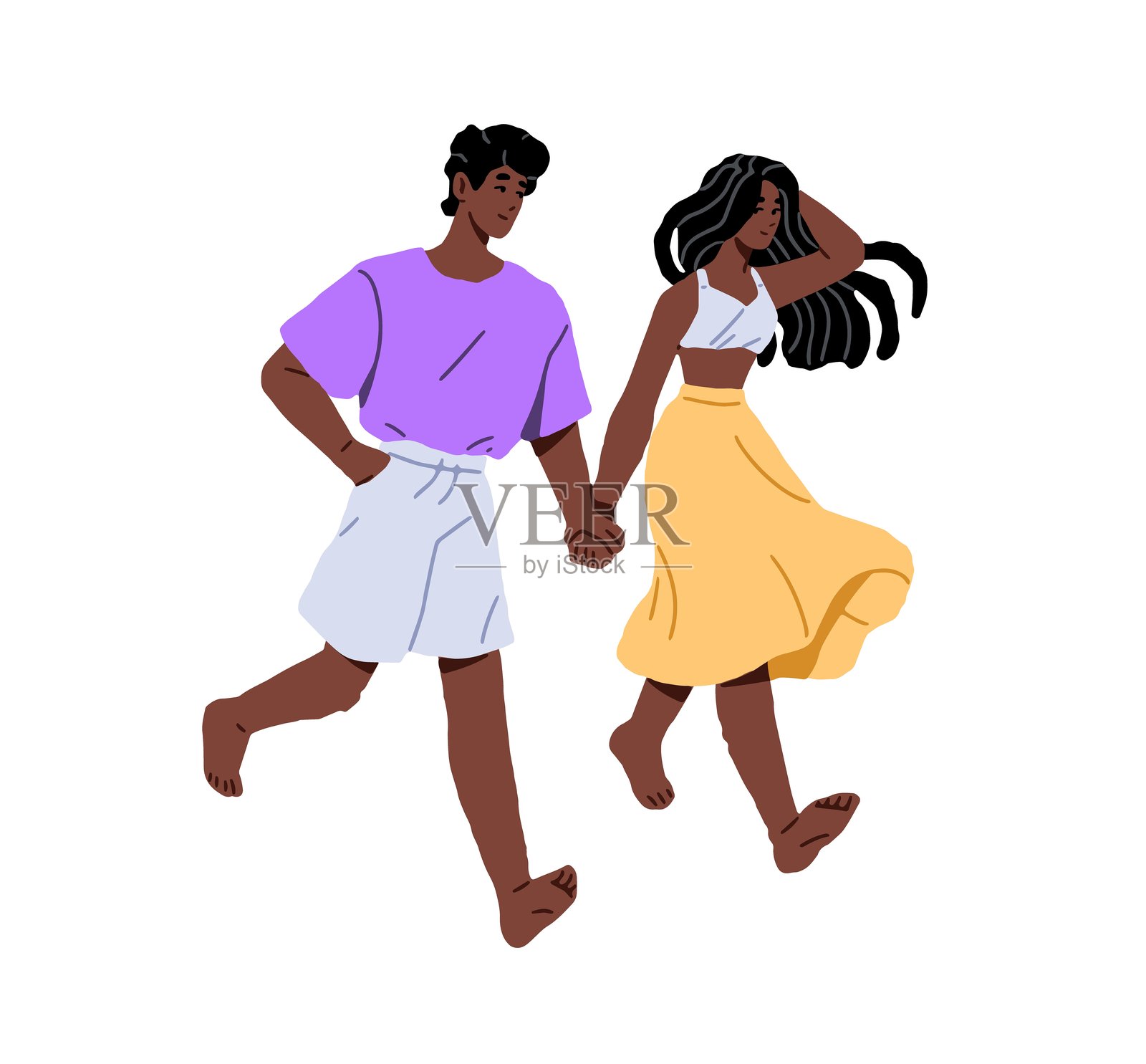 可爱的非裔美国情侣在夏季浪漫约会中手牵手散步。快乐的男朋友和女朋友赤脚在户外一起漫步。白色背景上的平面孤立矢量插图。插画图片素材