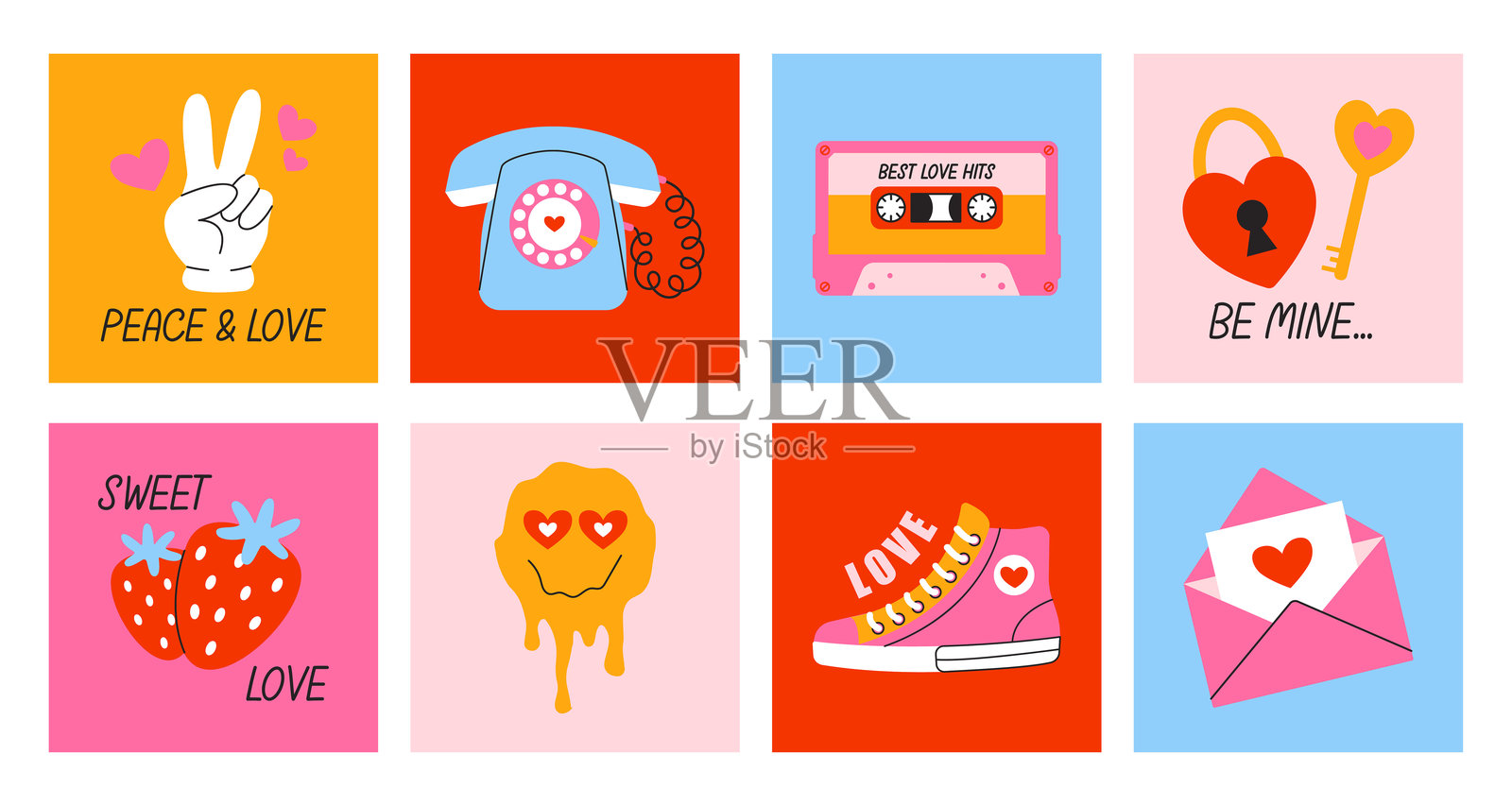 复古时尚90年代情人节贺卡。浪漫与爱情元素。明亮的极简海报。印刷和明信片的矢量装饰。插画图片素材