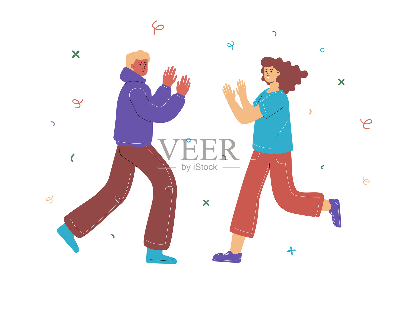 两个快乐的人用双手击掌庆祝。这是友谊和积极态度的隐喻。插画图片素材