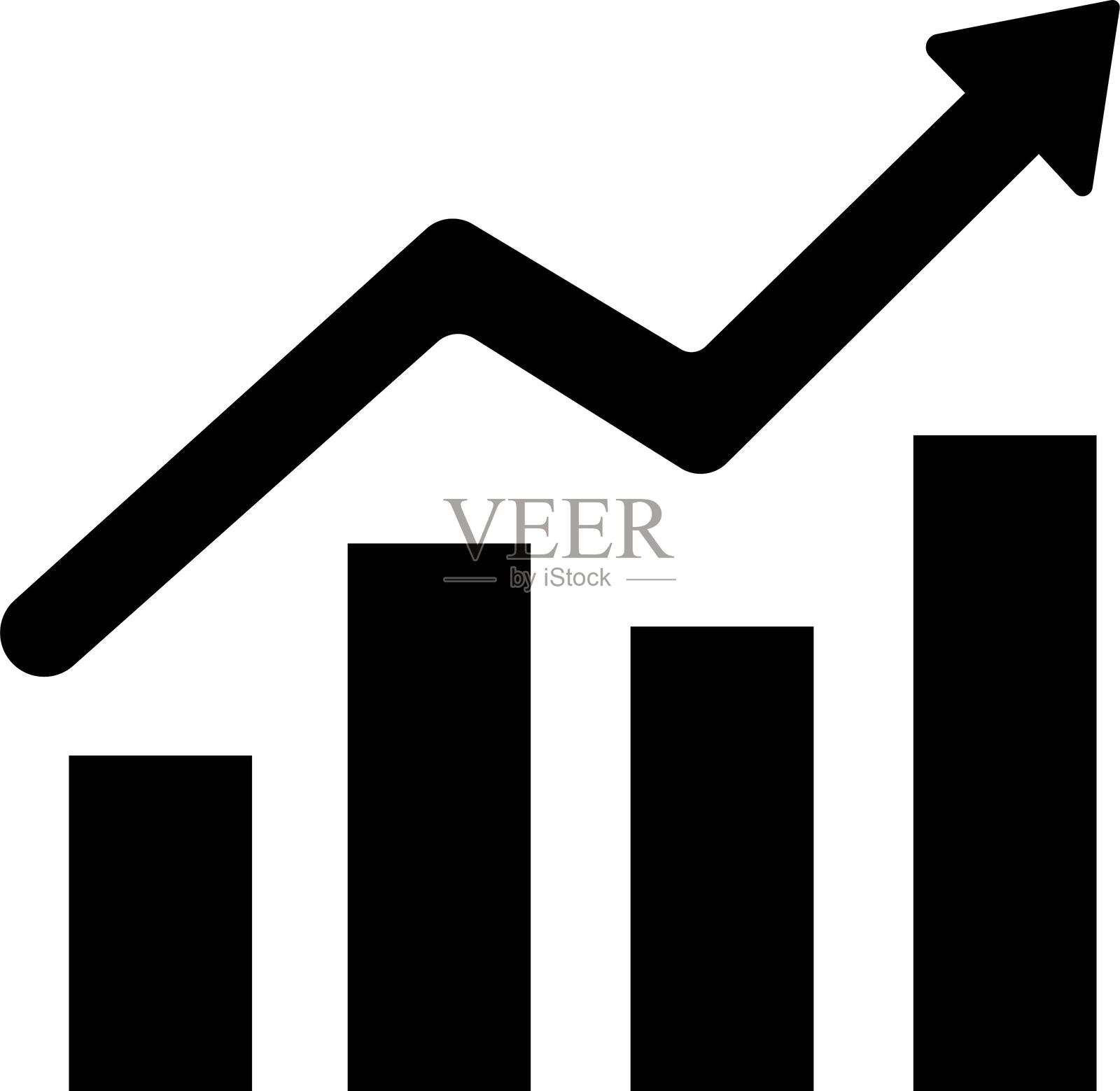 单个黑色向上箭头的商业图标，流行扁平风格的图表图标，背景透明。图表条形符号适用于您的网站设计、标志和应用程序。插画图片素材