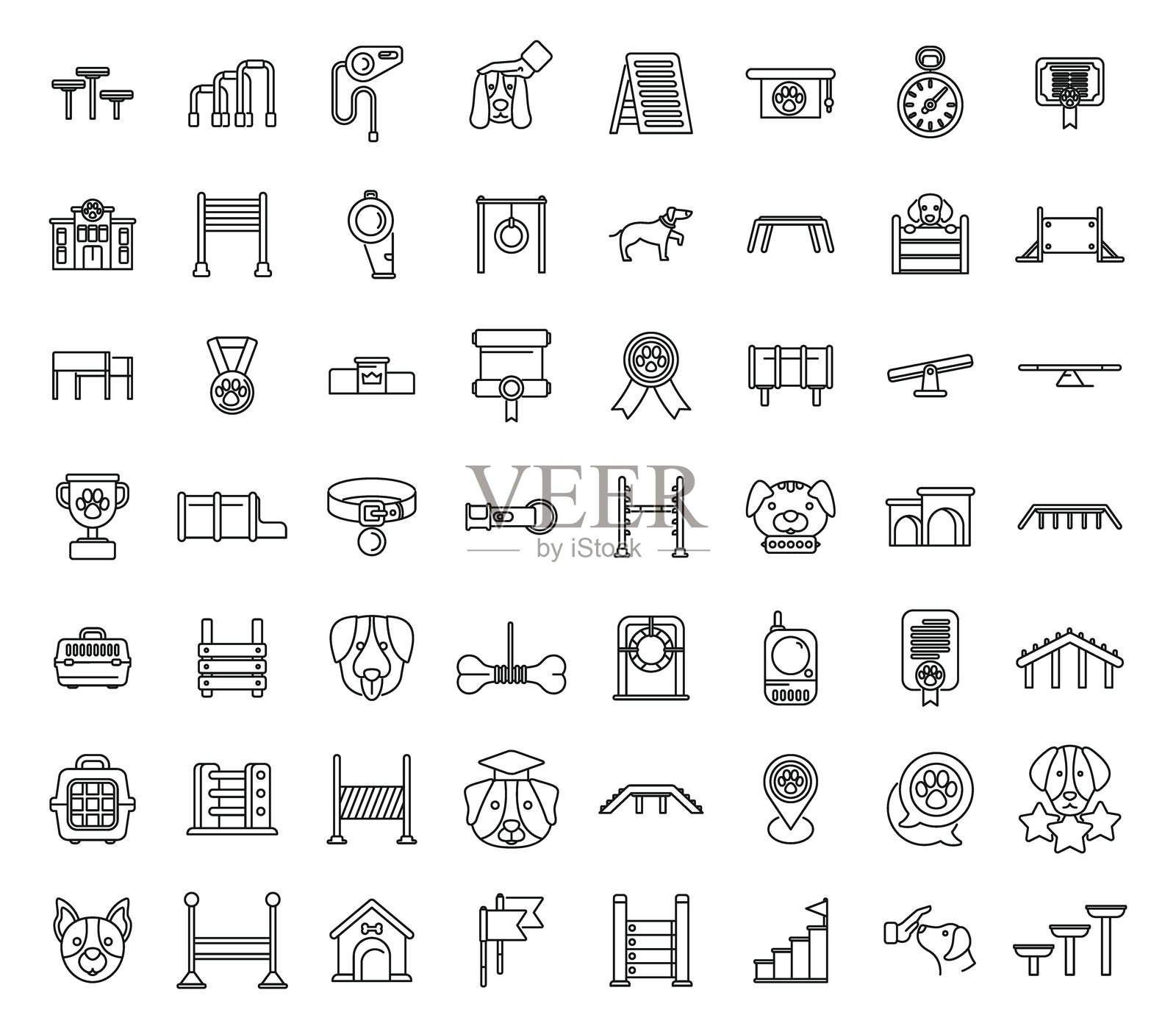 狗学校图标集轮廓矢量。敏捷训练课程犬类插画图片素材