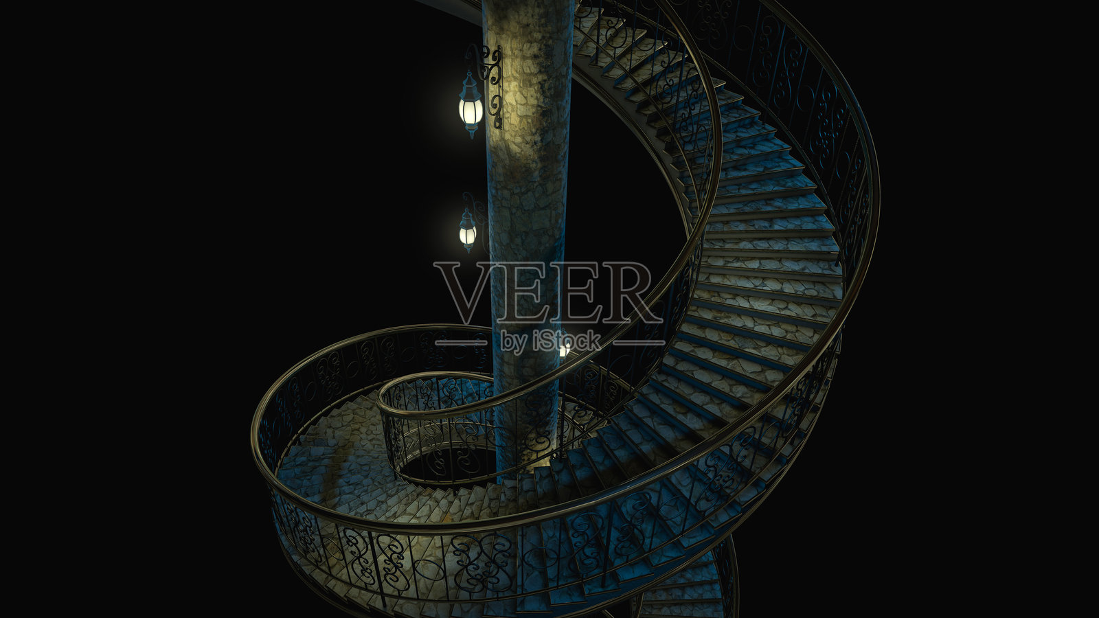 黑色背景上的螺旋楼梯。照片摄影图片