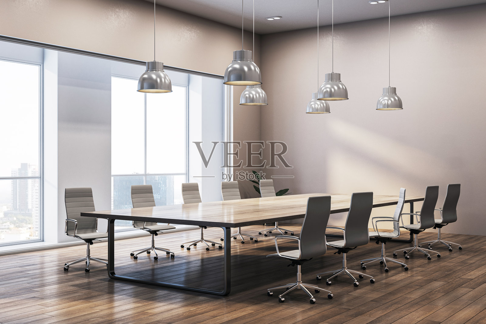 现代会议室，配有大桌子、椅子和城市景观窗户。3D渲染图照片摄影图片