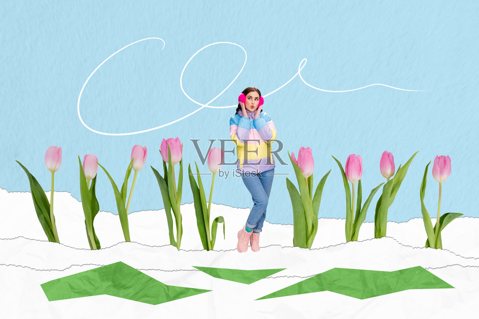 可爱的迷人女孩在雪地上行走并在绘画背景中种植郁金香的拼贴横幅图像照片摄影图片