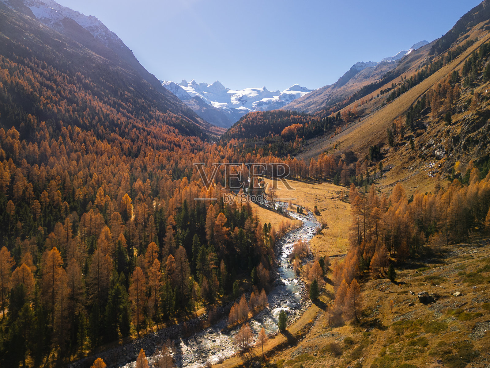 阳光明媚的秋天在雪山中照片摄影图片