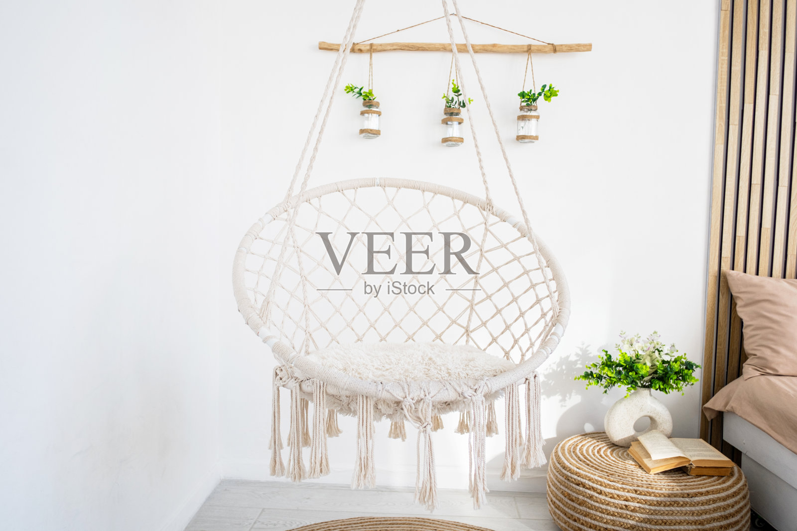 舒适的悬挂椅在宁静的客厅中，周围有植物和装饰品照片摄影图片