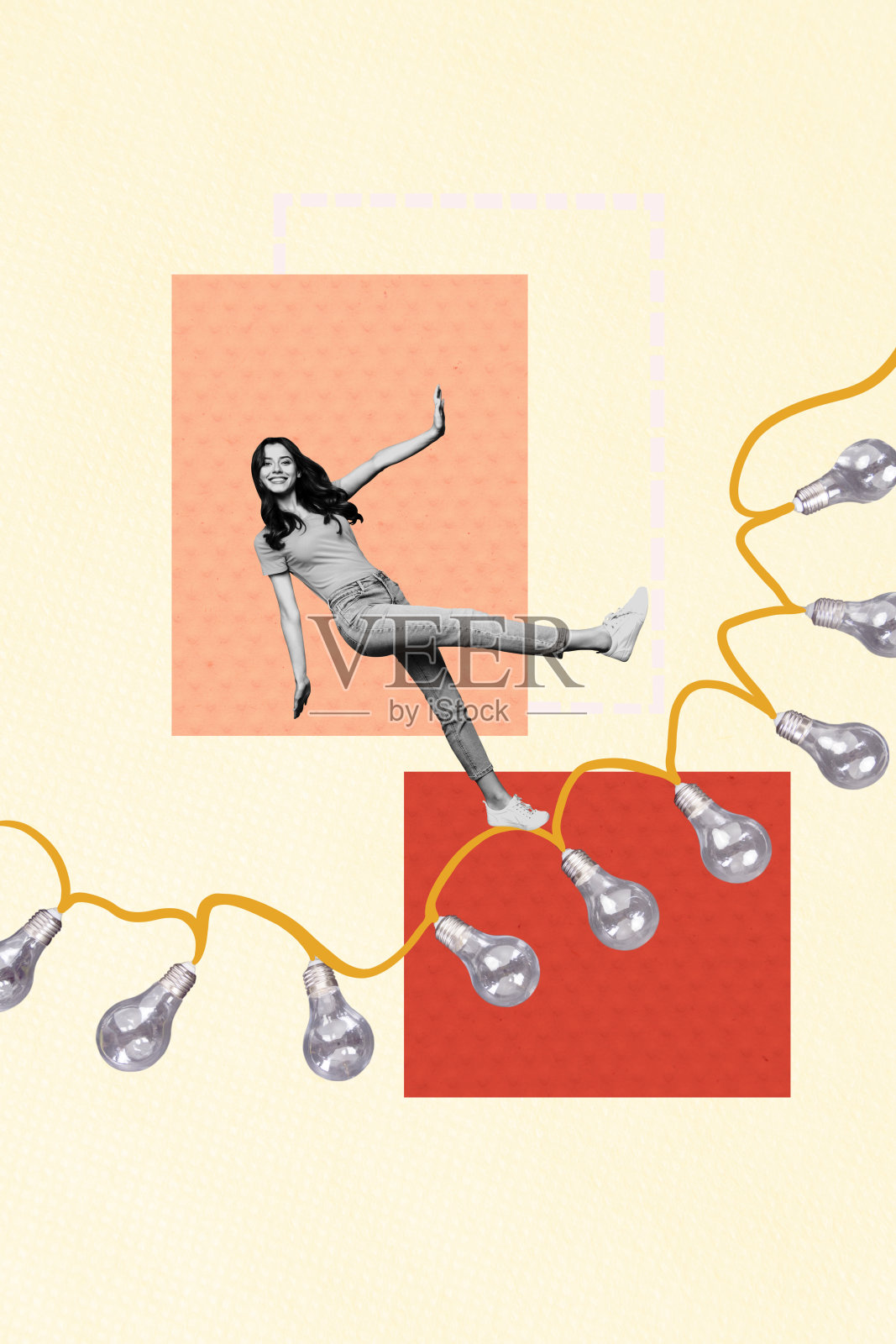 3d vertical art banner collage of happy girl dance light bulb garland design party chill entertainment weekend relax event照片摄影图片