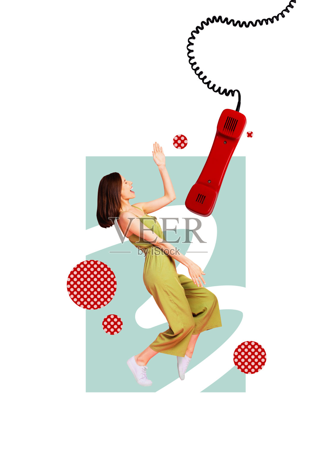 快乐女孩跳舞的垂直艺术横幅拼贴，电话听筒沟通，呼叫中心服务热线客服工作人员照片摄影图片