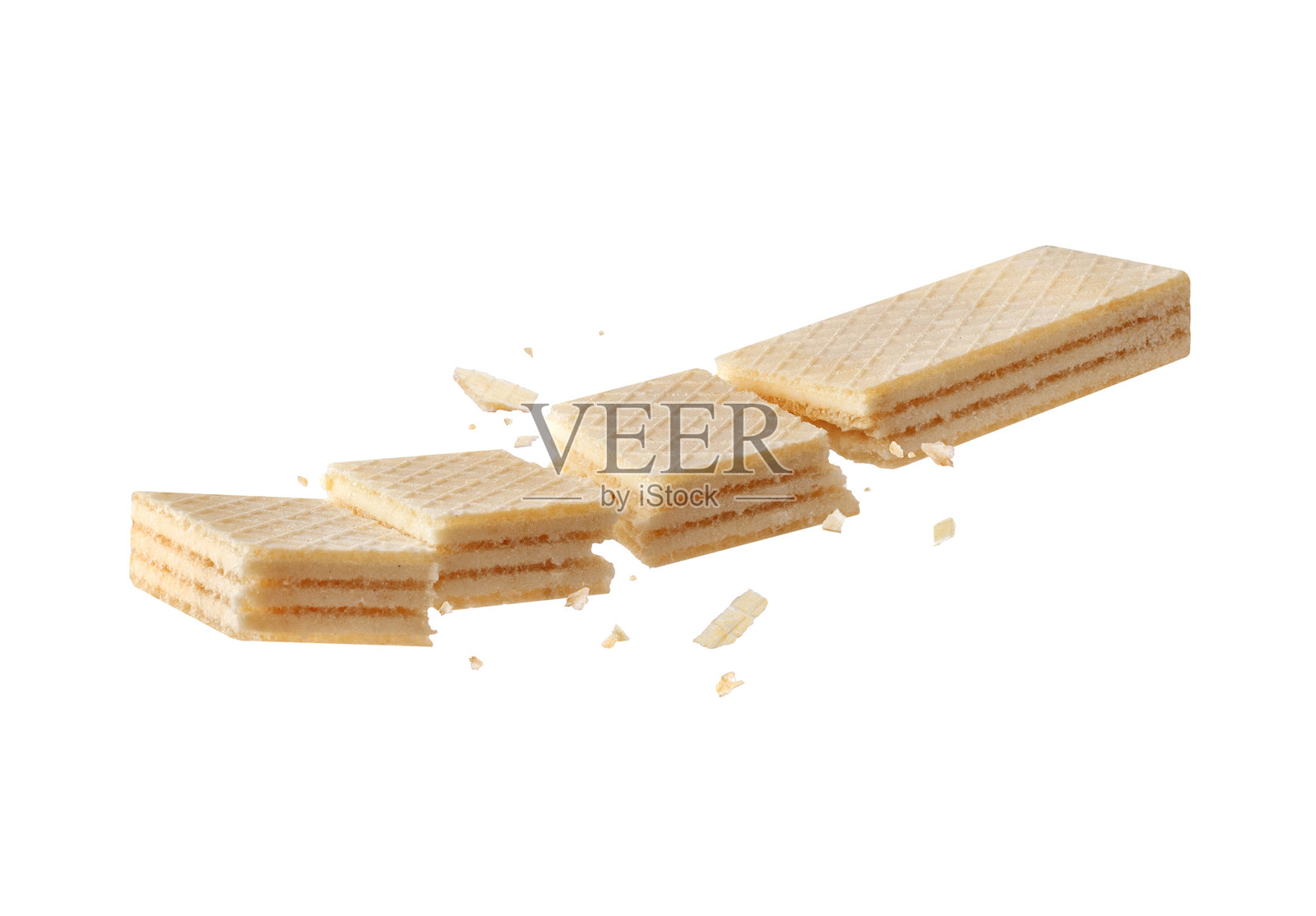 白色背景上孤立的近距离碎脆华夫饼照片摄影图片