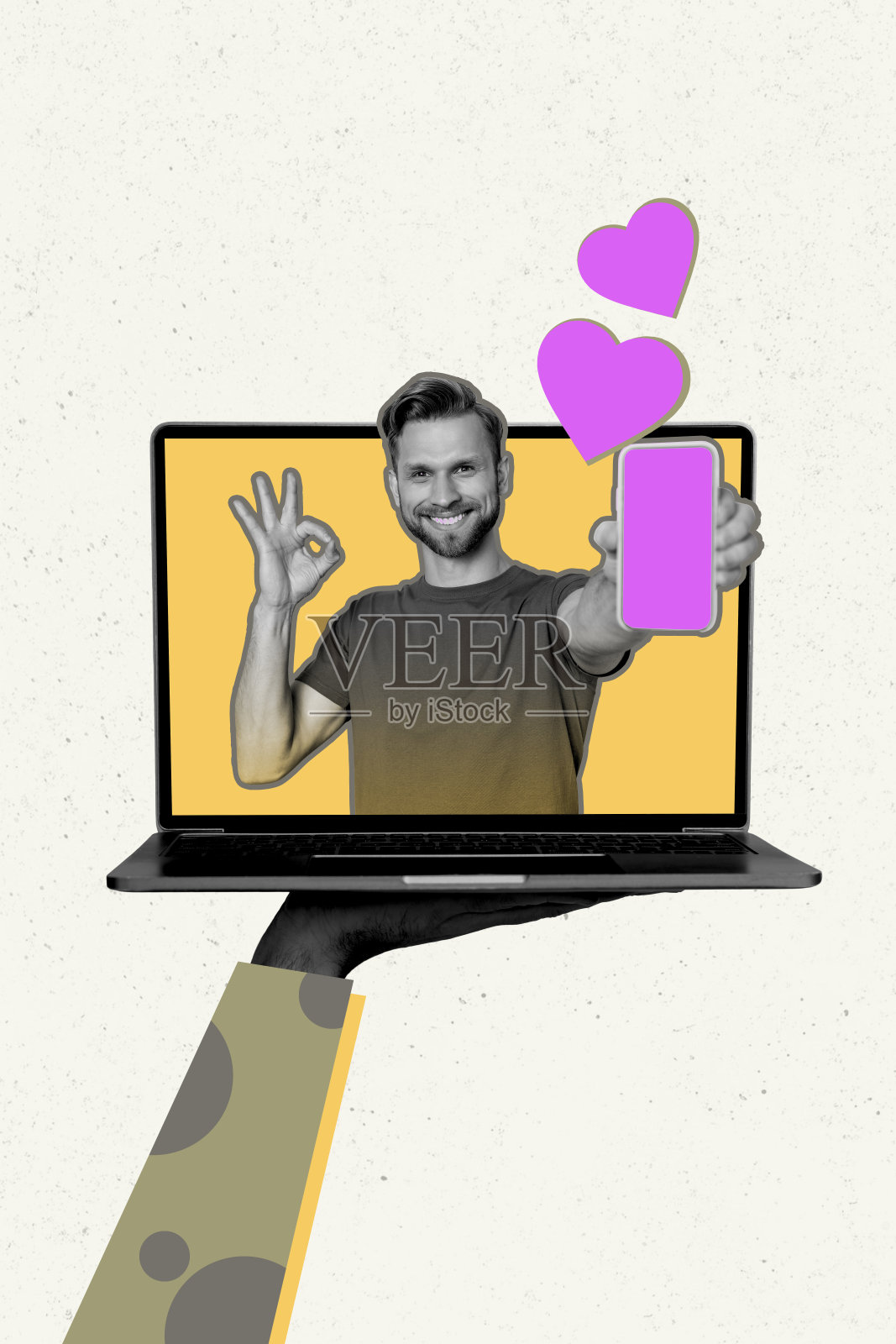 年轻男子手持智能手机，做出“好”的手势，背景是笔记本电脑，表现出爱情约会的情景，适合情人节的拼贴艺术作品。照片摄影图片