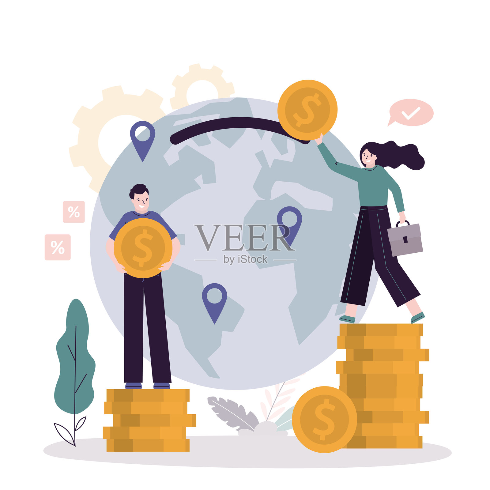 全球投资、经济和金融理念。商业人士投资者将钱投资到全球储蓄罐或国际公司并赚取利润。使用指针映射。插画图片素材