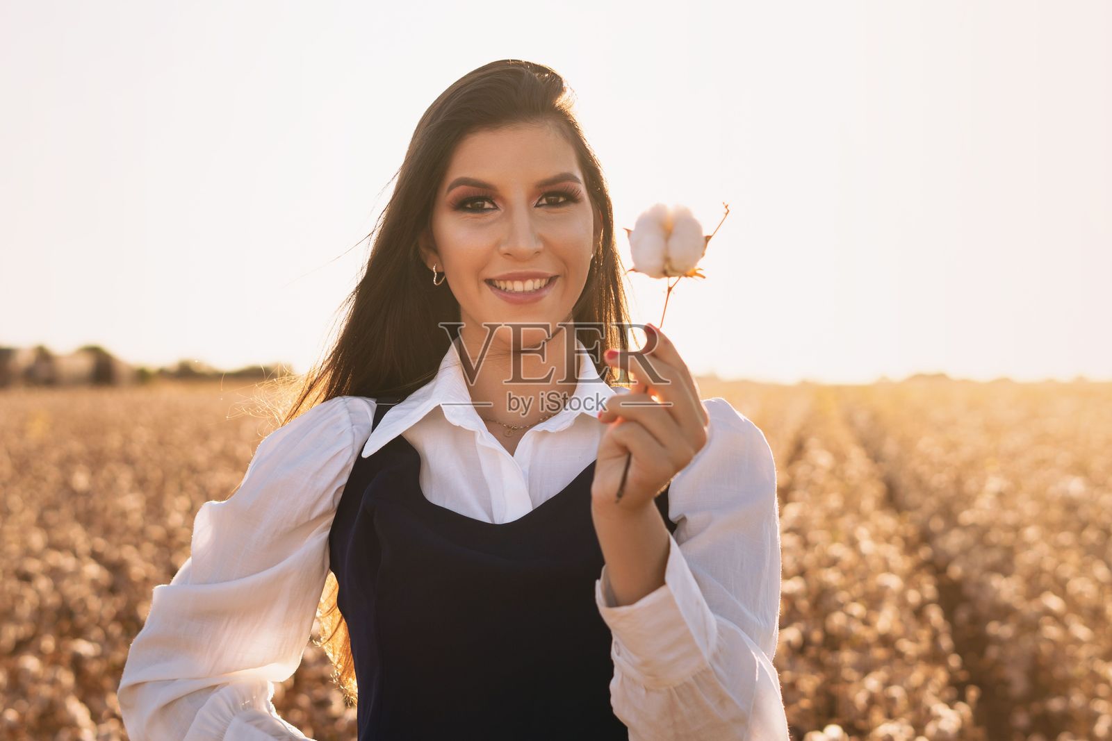 日落时分的棉花田中的女人照片摄影图片