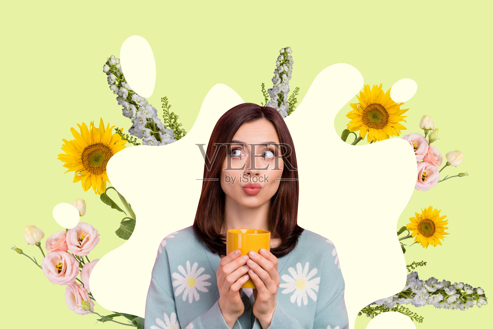 手持茶杯的平和女孩拼贴肖像，思考中，周围有自由的花朵，背景为涂鸦绿色。照片摄影图片