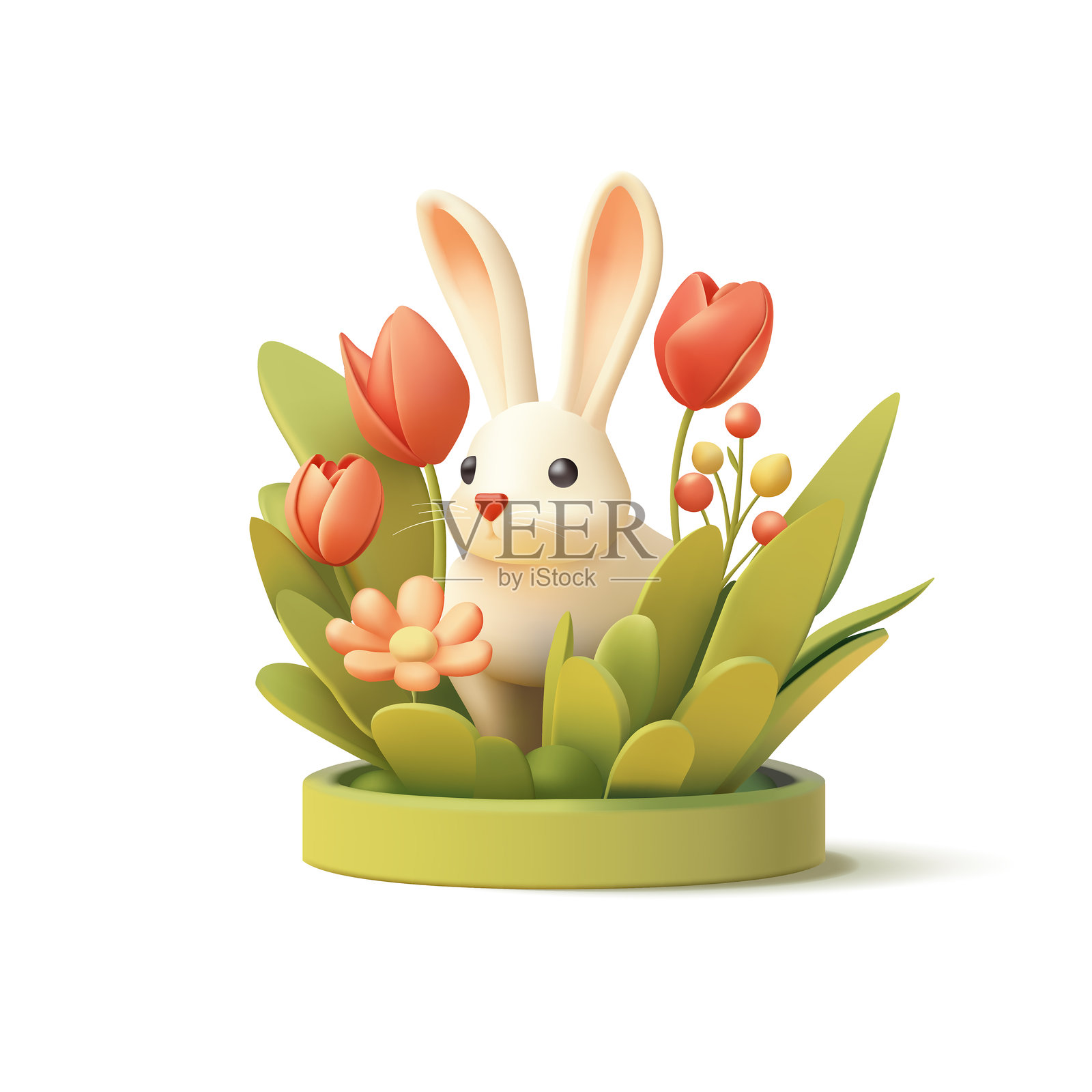 可爱的兔子在草地上，旁边有雏菊和郁金香，3D效果。美丽的春季场景，适合广告创意。图像背景为白色。矢量图。插画图片素材