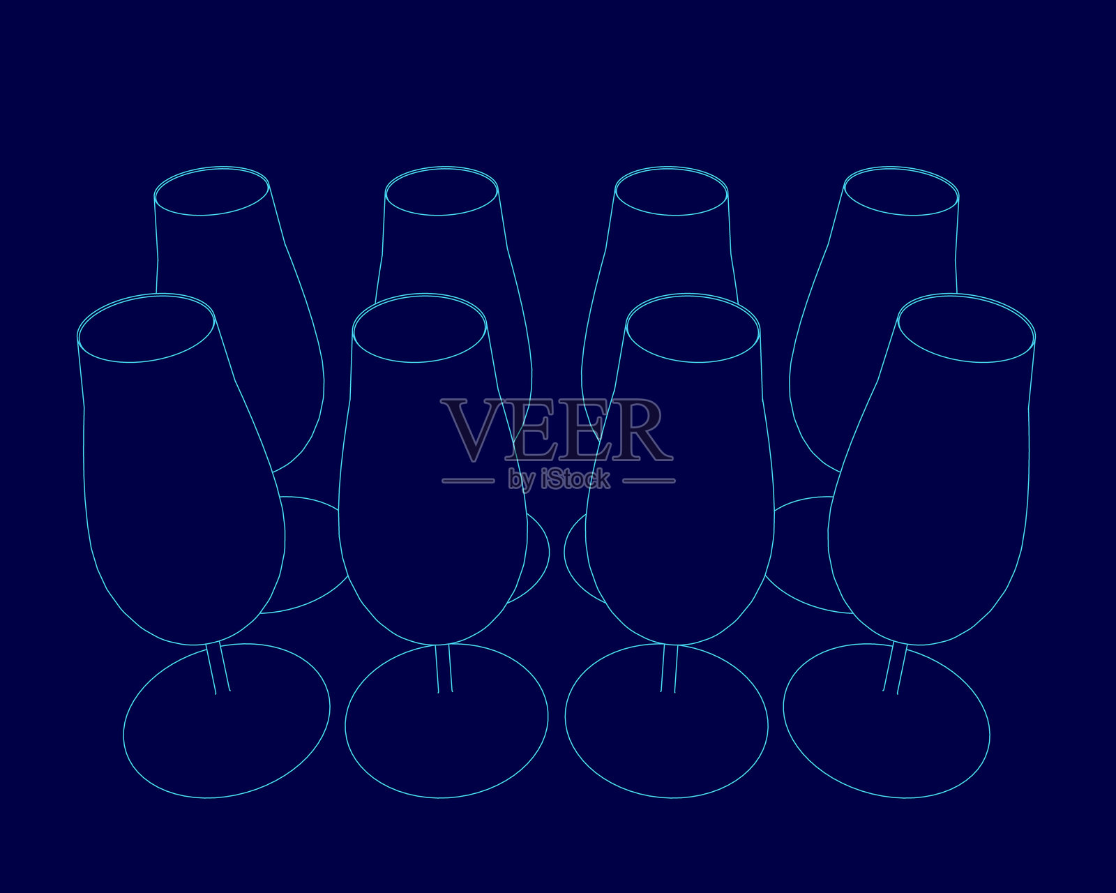一组六个玻璃杯展示在蓝色背景上。所有玻璃杯形状和大小相同，并且它们整齐地排成一行。插画图片素材