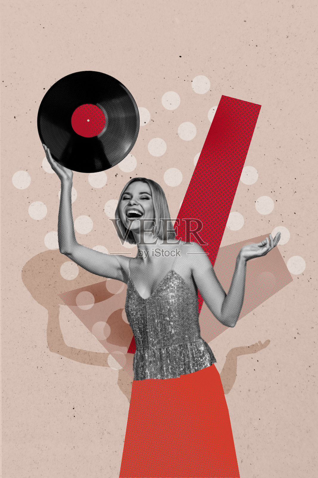 垂直照片拼贴，快乐女孩穿着闪亮的复古舞会服装在唱片上跳舞，娱乐氛围，背景为涂鸦风格。照片摄影图片