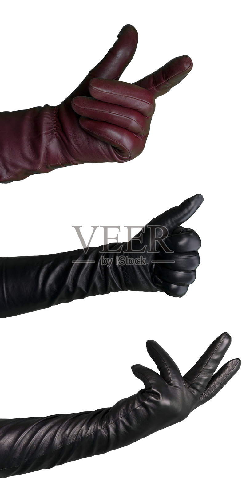 手戴酒红色和黑色皮手套展示各种手势照片摄影图片