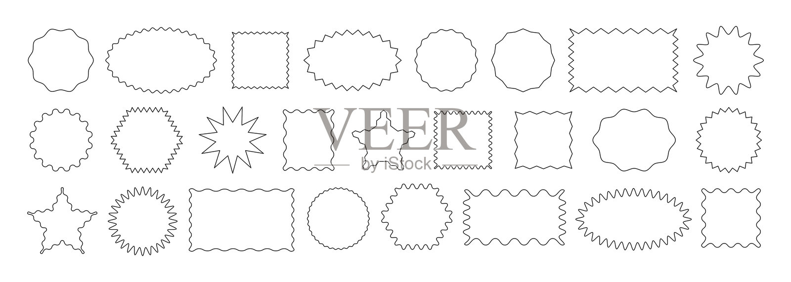 不同几何形状的轮廓，带有锯齿波浪边缘。矩形、椭圆、圆形、正方形。用于设计框架、印章、模板和徽章的黑色元素矢量集。插画图片素材
