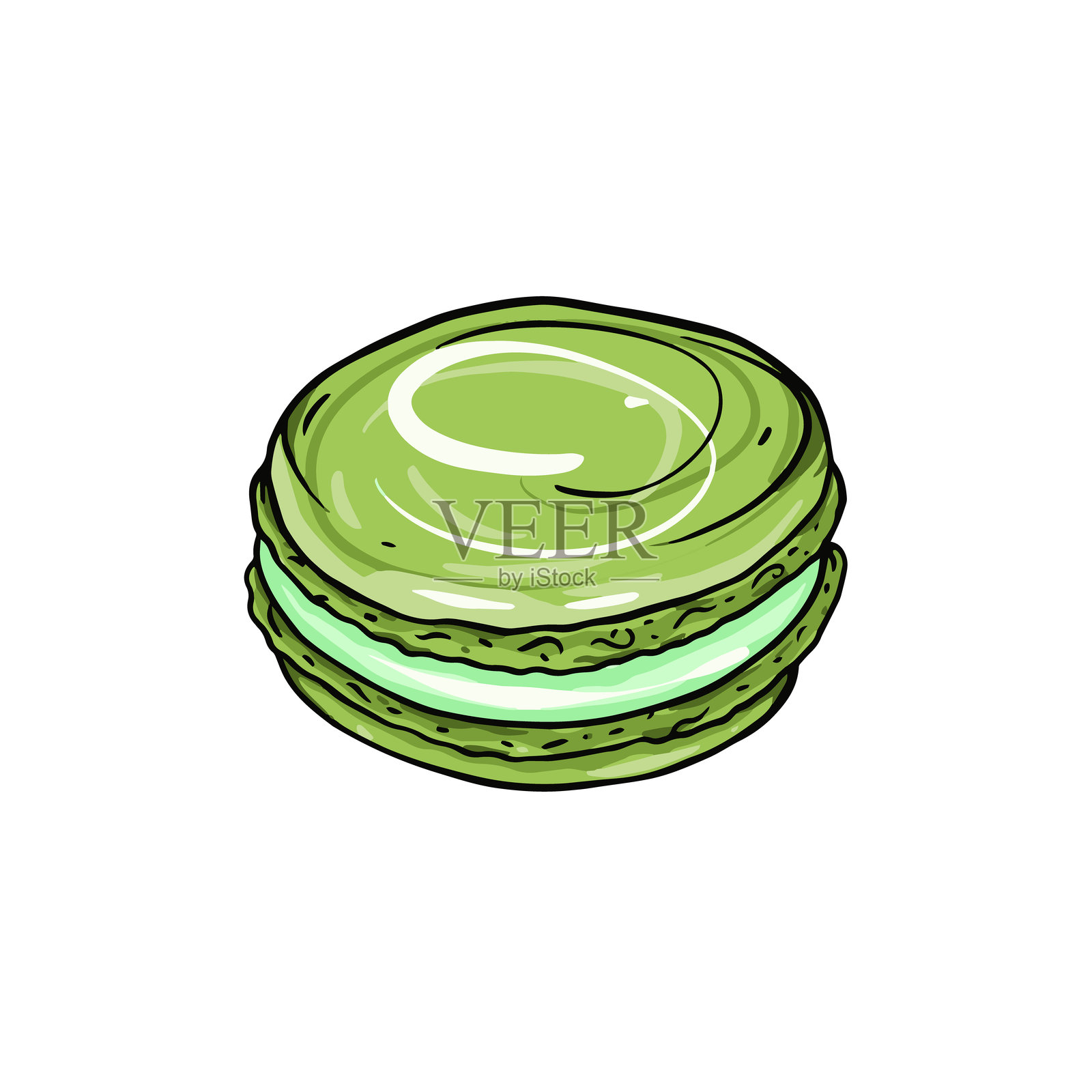 享受一款美味的绿色马卡龙，里面夹着令人愉悦的奶油馅。插画图片素材