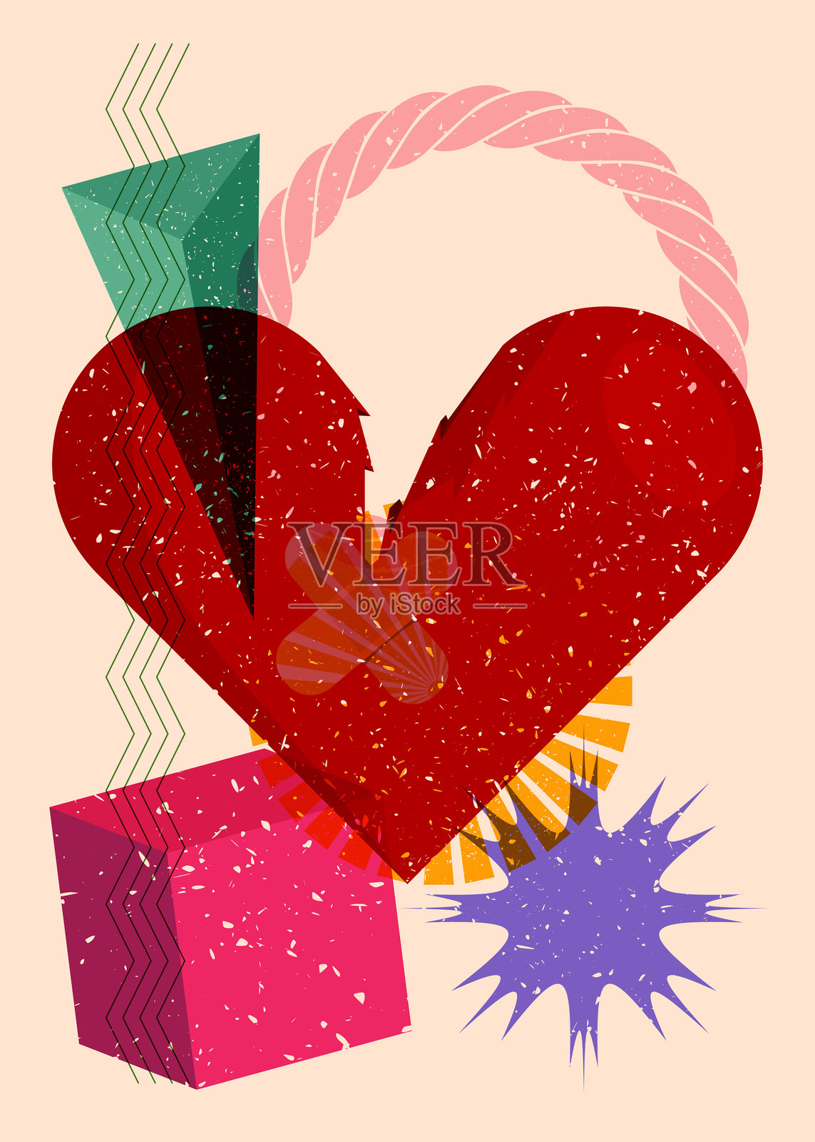 破碎的心与几何形状的丝网印刷。时尚的丝网印刷纹理风格设计中的几何元素。插画图片素材