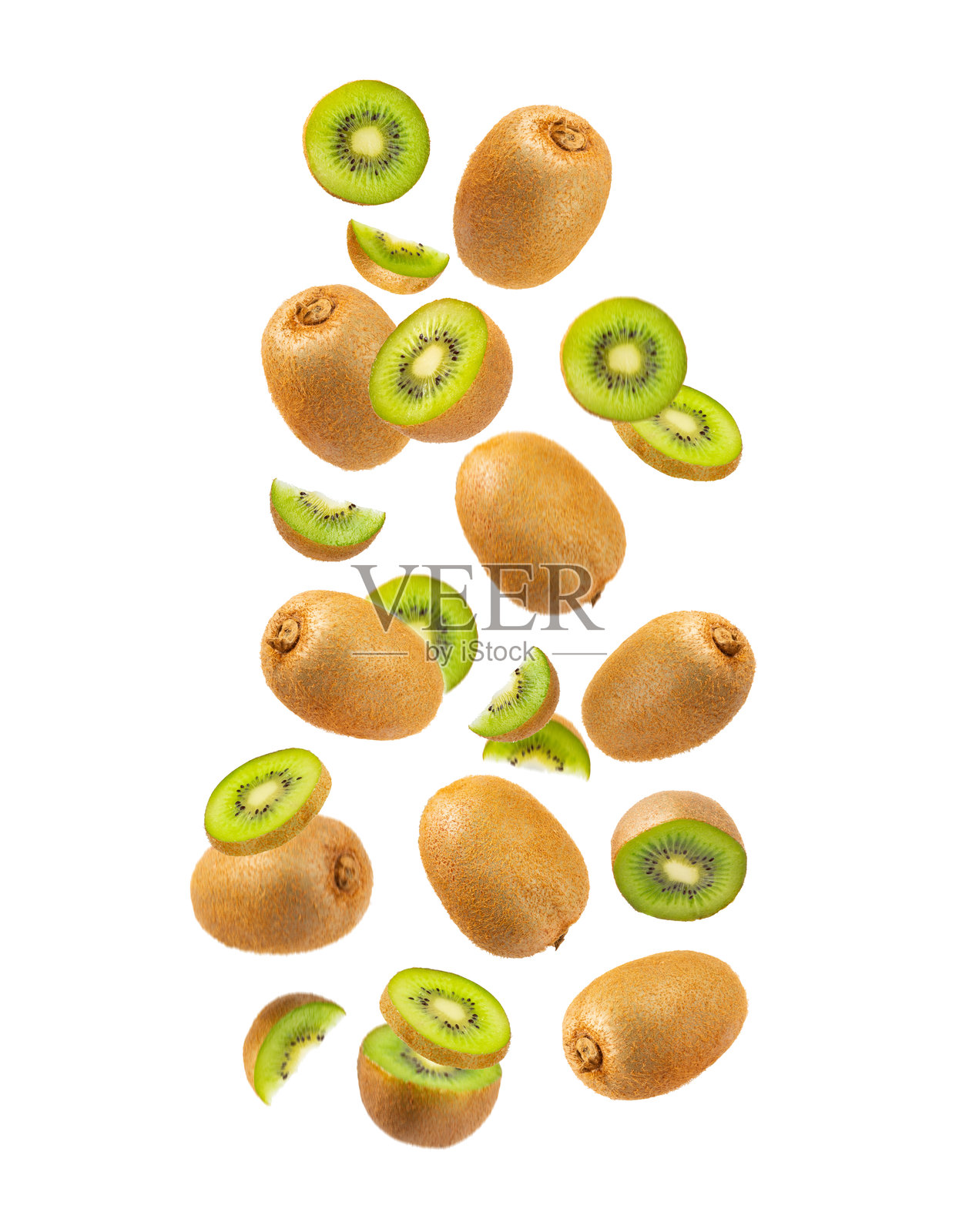 猕猴桃孤立在白色背景上。整颗水果和切片的猕猴桃放在白色背景上。新鲜成熟多汁的猕猴桃。热带水果。有机水果。照片摄影图片