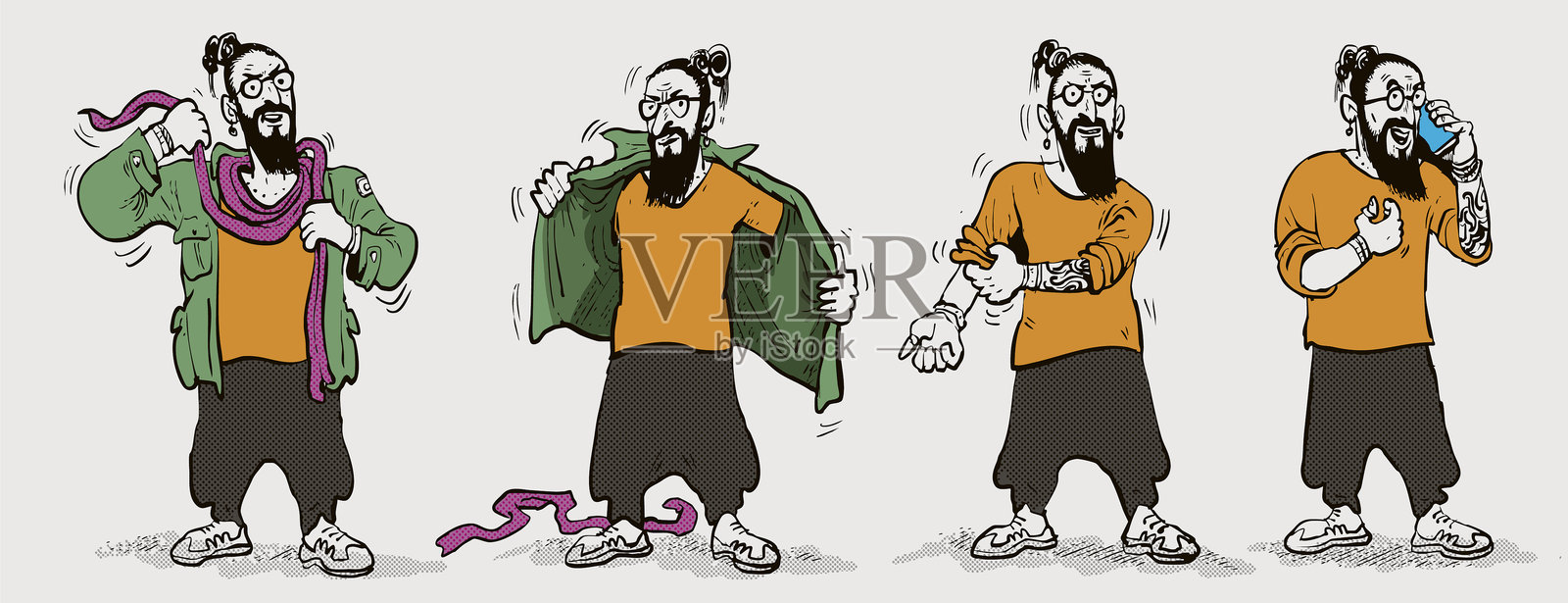 波希米亚风格、知识分子、艺术家的男性形象与服装插画图片素材