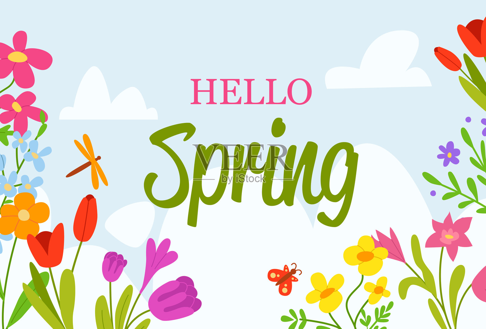 你好春天。带有花朵的海报。适合社交媒体帖子、贺卡、邀请函、移动应用和横幅设计。手绘矢量插图。插画图片素材