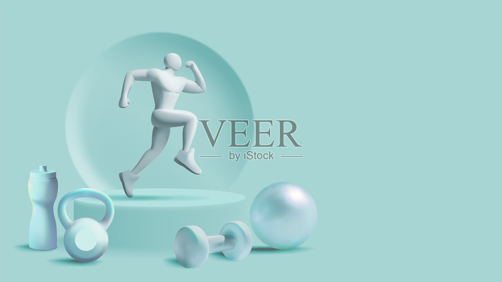 健身概念与健身器材和肌肉发达的人物在渐变背景上插画图片素材