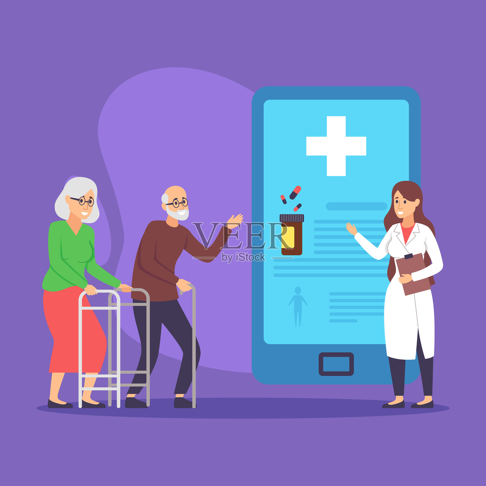 使用科技为老年患者提供医疗咨询插画图片素材