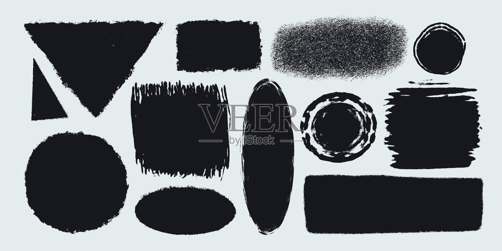 简单形状，边缘粗糙撕裂。各种带撕裂边缘的复古风格图形。黑色矢量拼贴撕纸片或复古油漆污点轮廓，独立于浅色背景。矢量插图。插画图片素材