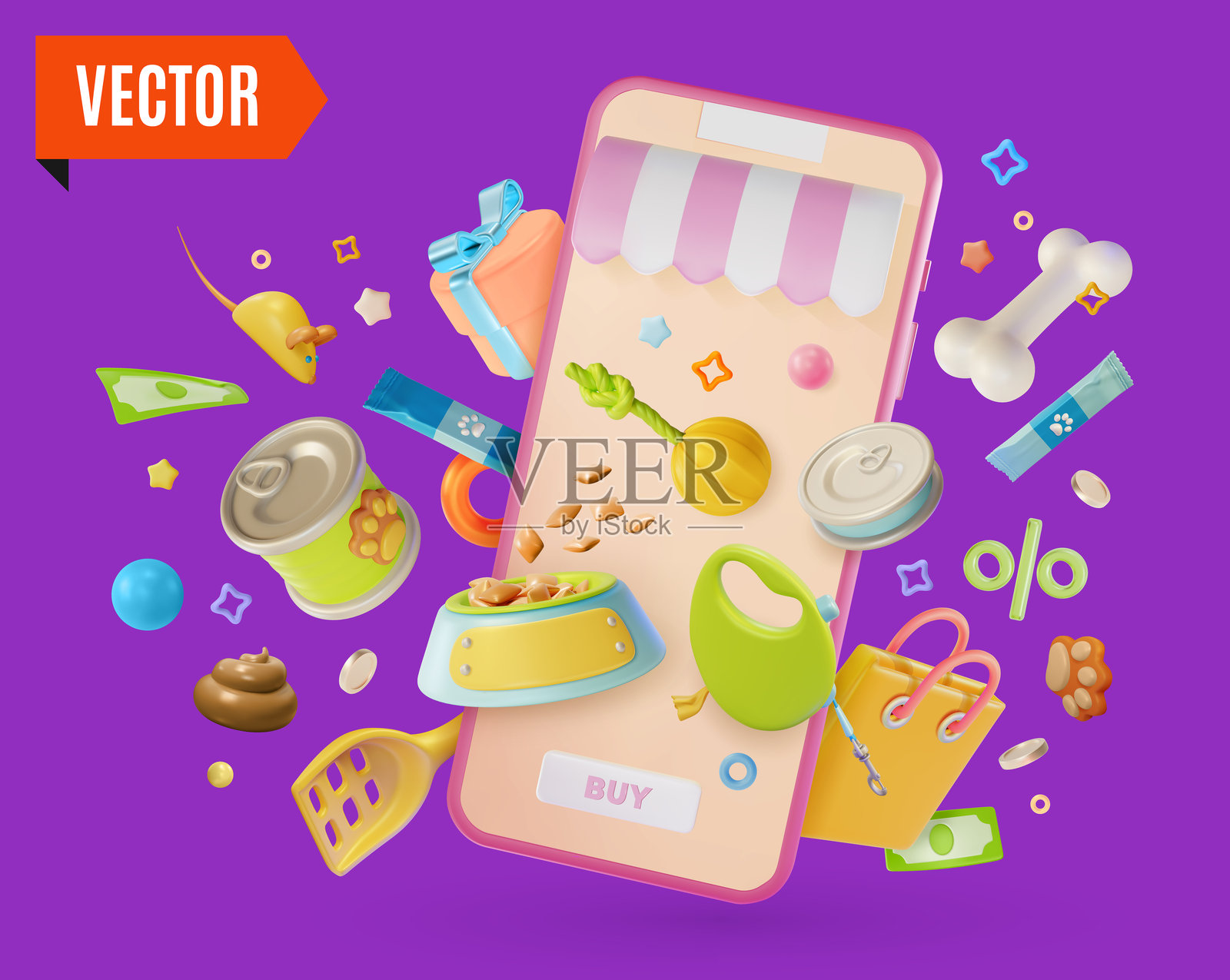 3D宠物店在线销售概念背景卡通设计风格。矢量图插画图片素材