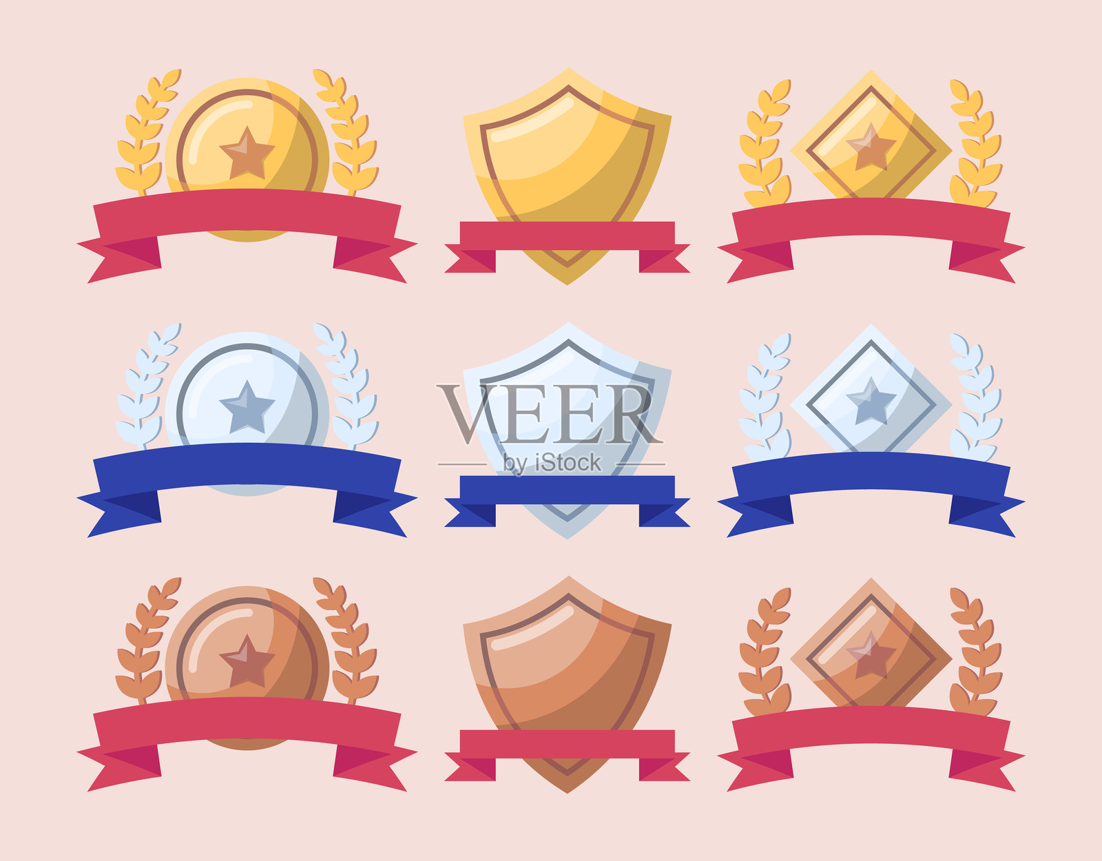 卡通不同形状的奖项与月桂花环套装。矢量图插画图片素材