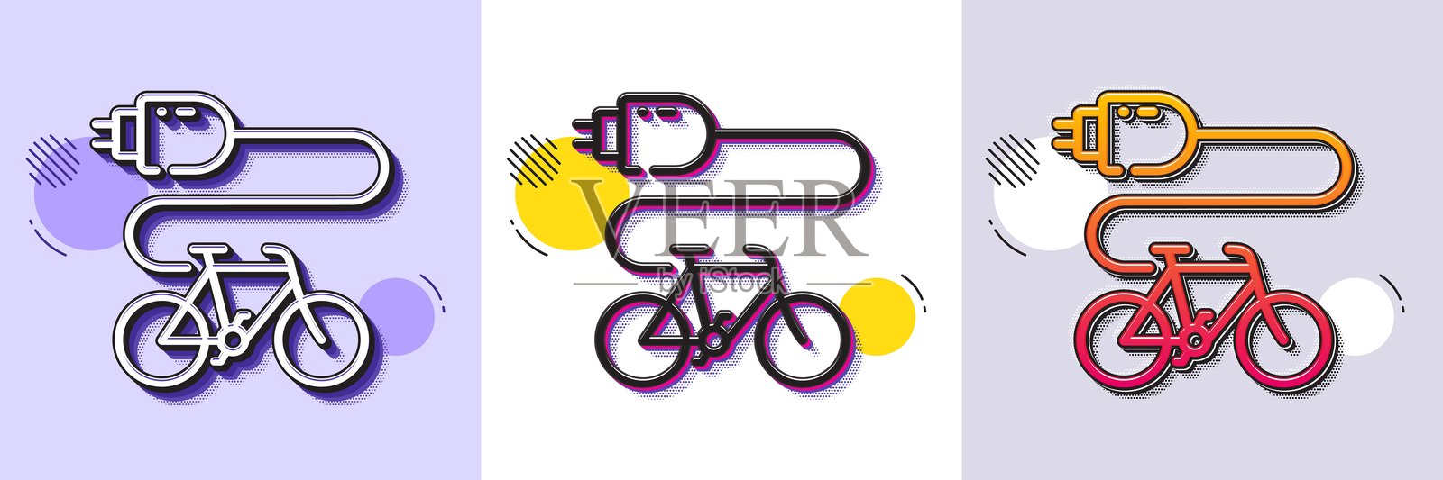 电动自行车线条图标。机动自行车交通标志。半色调点状图案。矢量图。插画图片素材