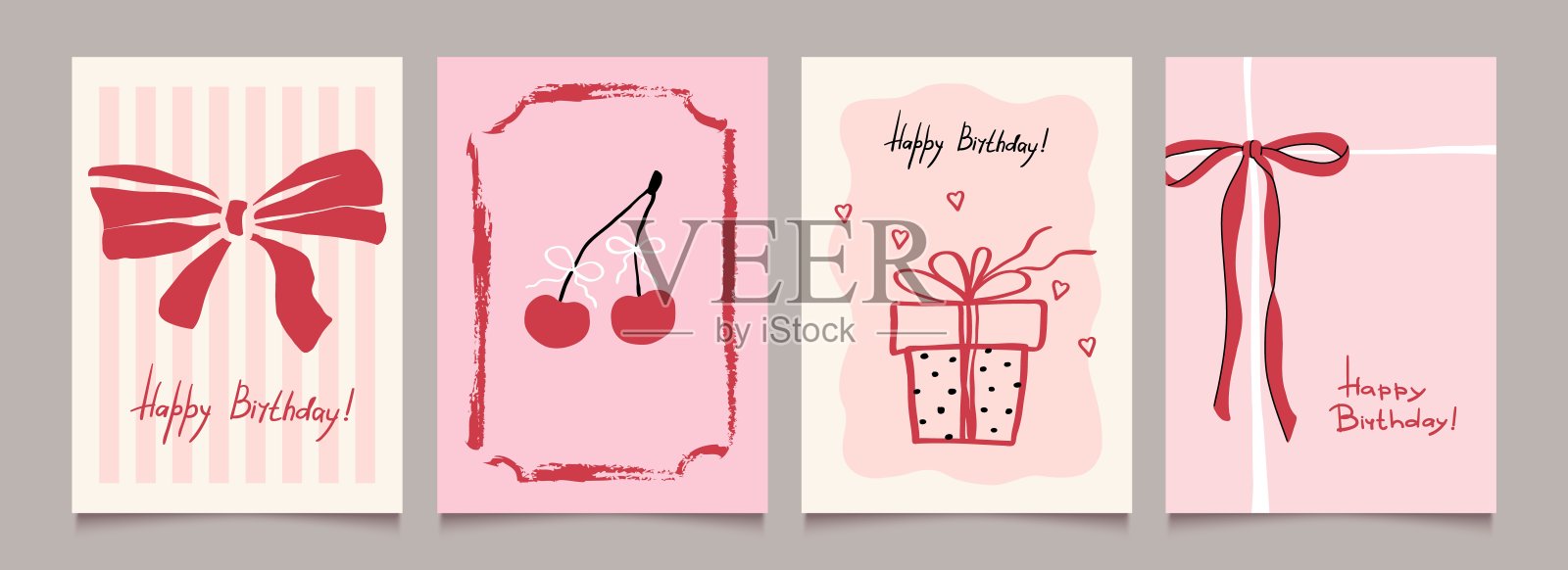 带有蝴蝶结、丝带、边框和樱桃的生日贺卡套装。手绘设计适用于礼物、海报、横幅、邀请函和派对背景。插画图片素材